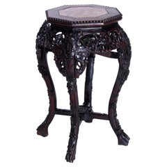 Antique Chinese Carved & Reticulated Rosewood & Marble Side Table Circa 1910