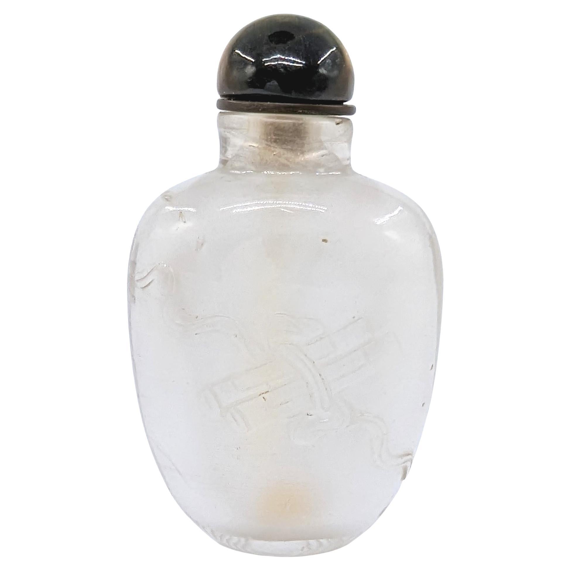 Antigua botella china de rapé de cristal de roca tallado Tapón de ojo de tigre 19c Qing