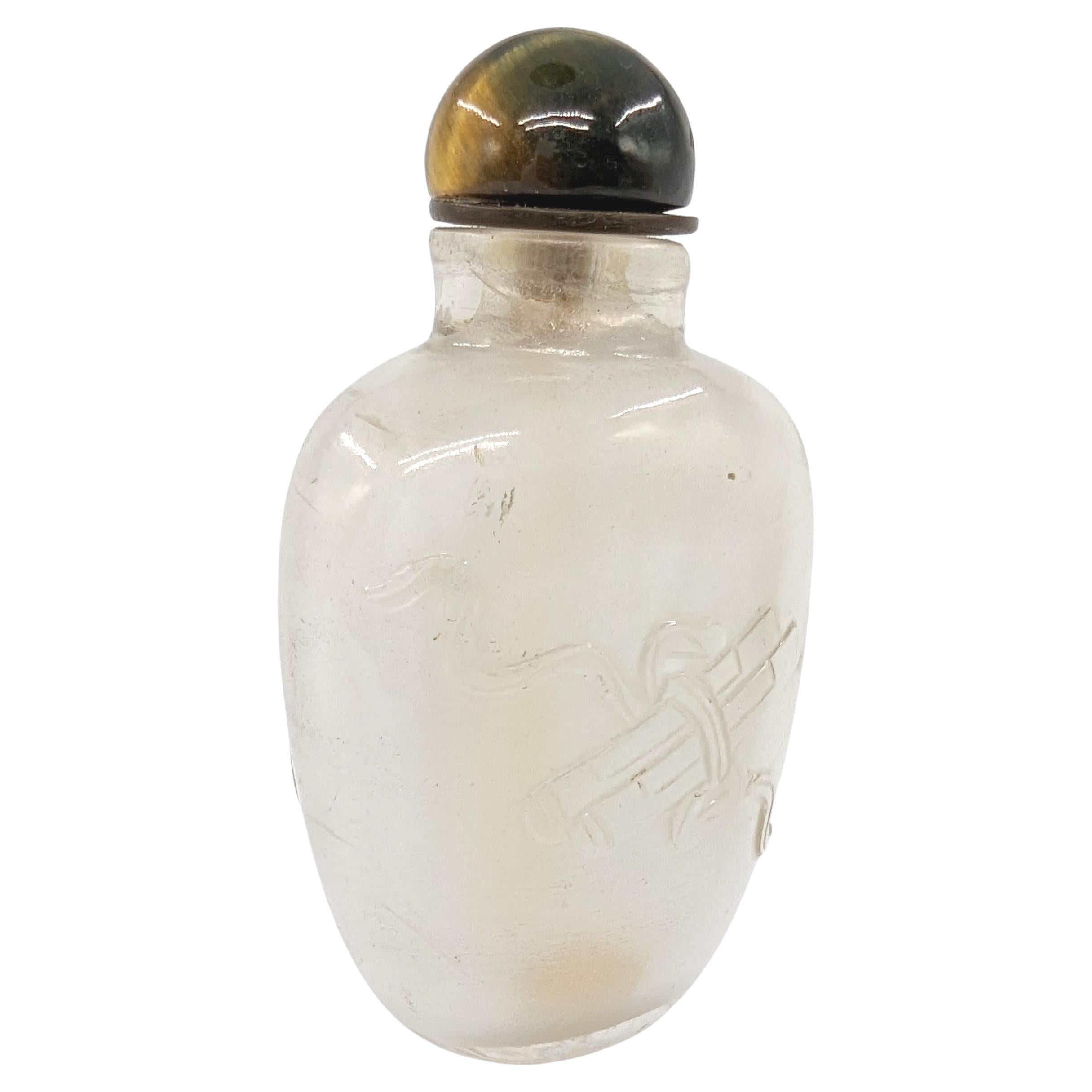 Antique Chinese Carved Rock Crystal Snuff Bottle Tiger's Eye Stopper 19c Qing For Sale 3
