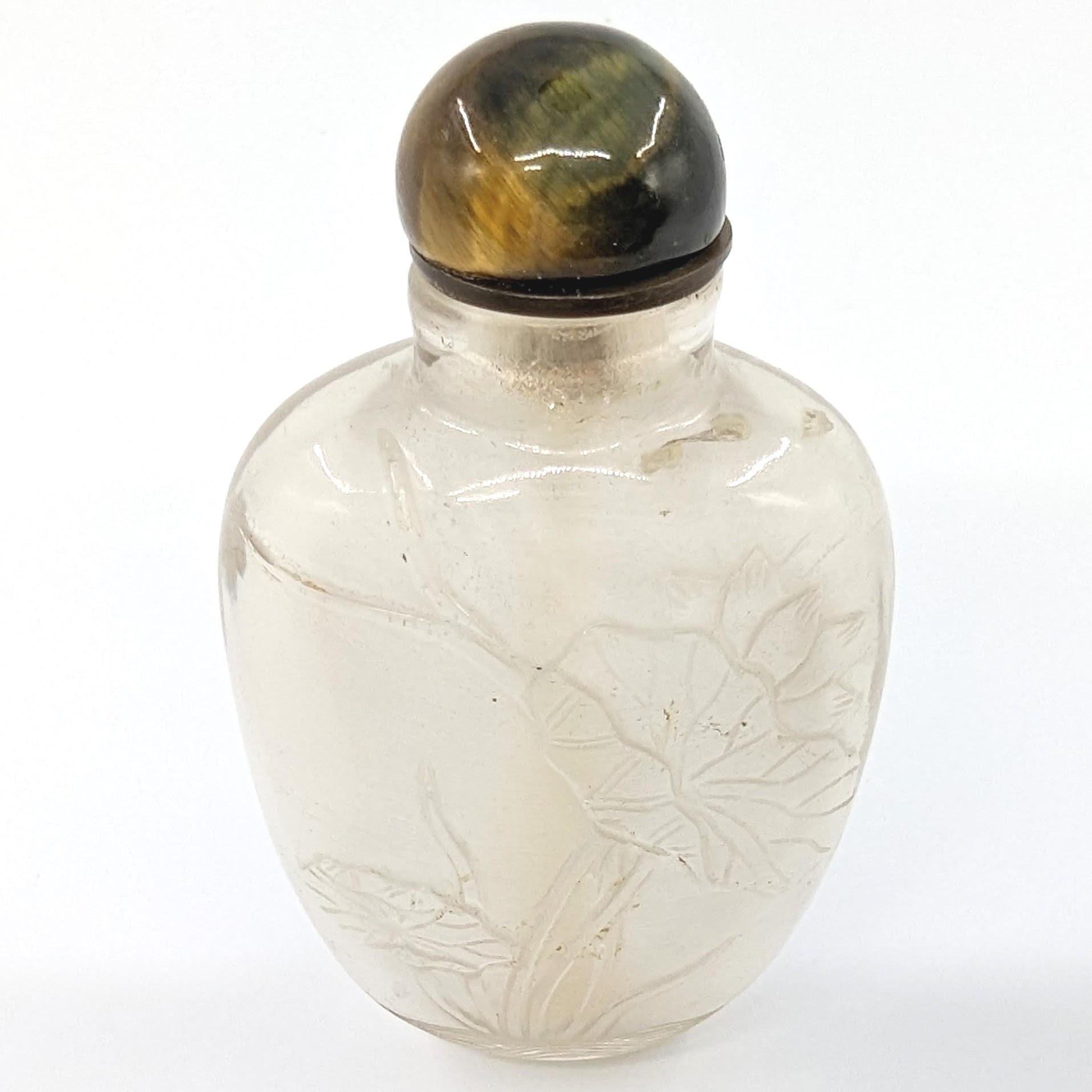 Antique Chinese Carved Rock Crystal Snuff Bottle Tiger's Eye Stopper 19c Qing For Sale 4