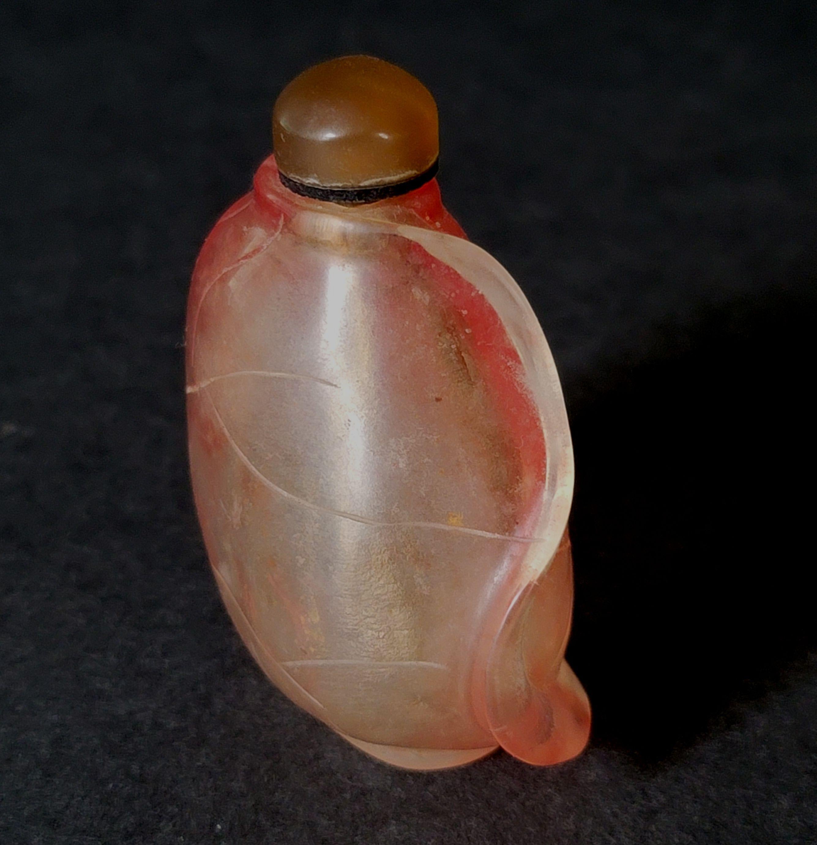 Agate Antique Chinese Carved Rock Crystal with Pink Grain Snuff Bottle, 19th Century For Sale