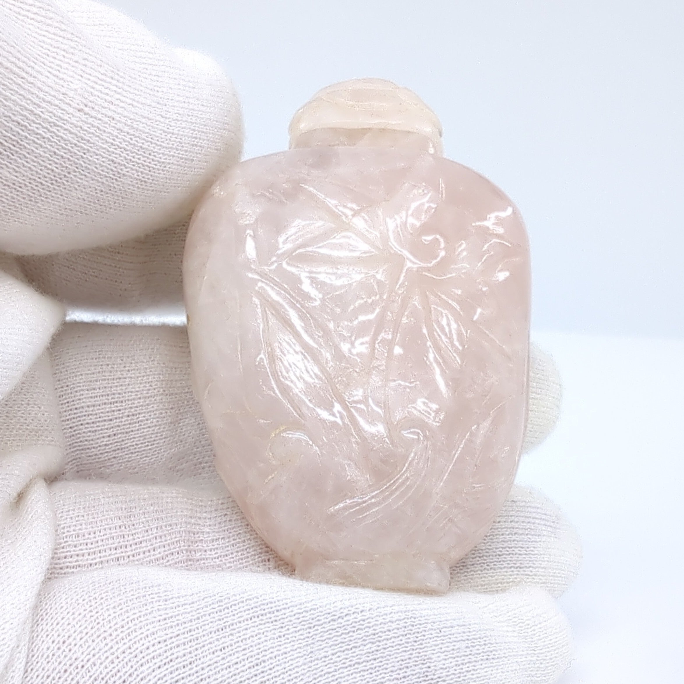 Hand-Carved Antique Chinese Carved Rose Quartz Snuff Bottle Lotus mid century  For Sale
