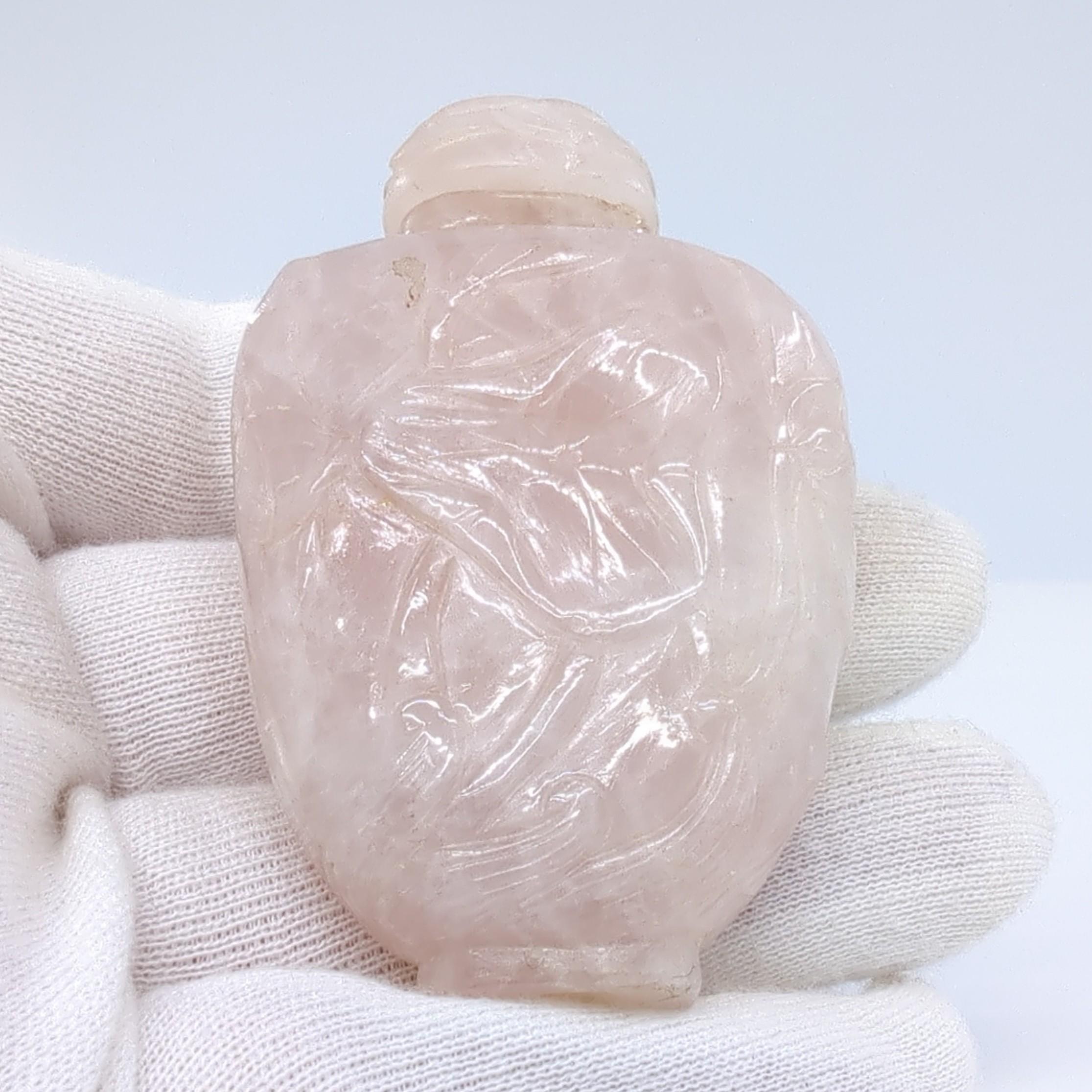 Antique Chinese Carved Rose Quartz Snuff Bottle Lotus mid century  In Good Condition For Sale In Richmond, CA