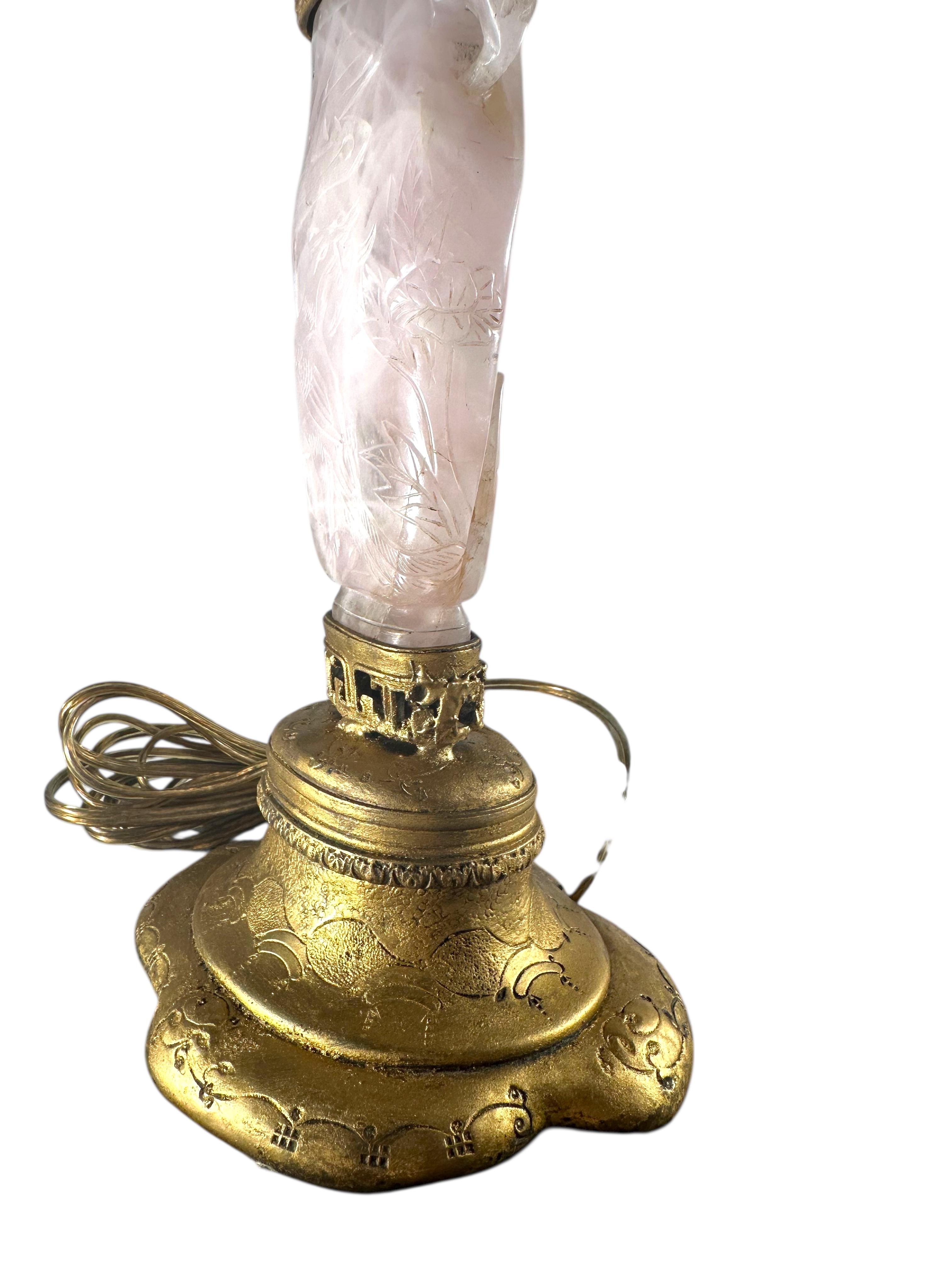 Antique Chinese Carved Rose Quartz Table Lamp circa 1920 Gilt Mounting For Sale 4