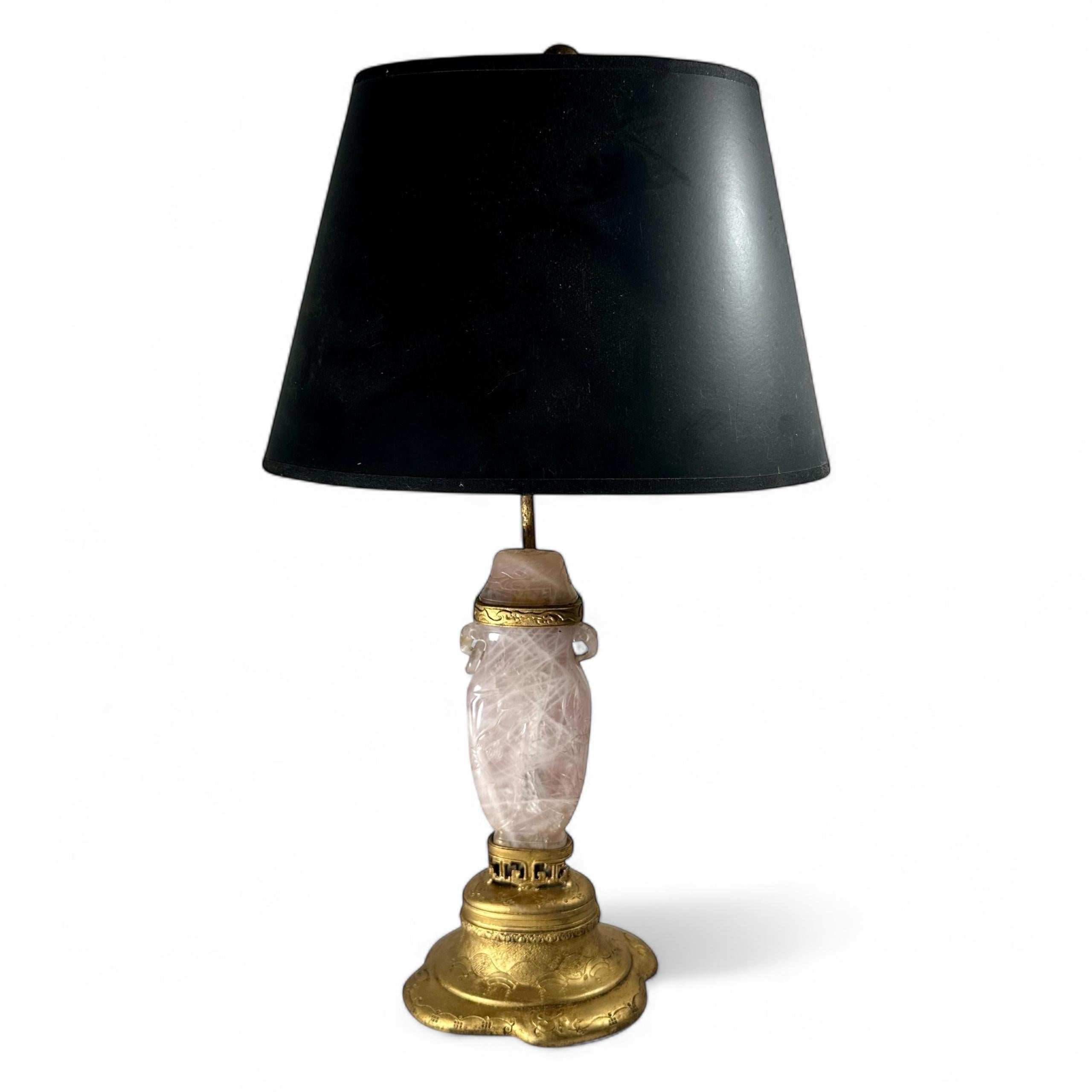 Chinese Export Antique Chinese Carved Rose Quartz Table Lamp circa 1920 Gilt Mounting For Sale