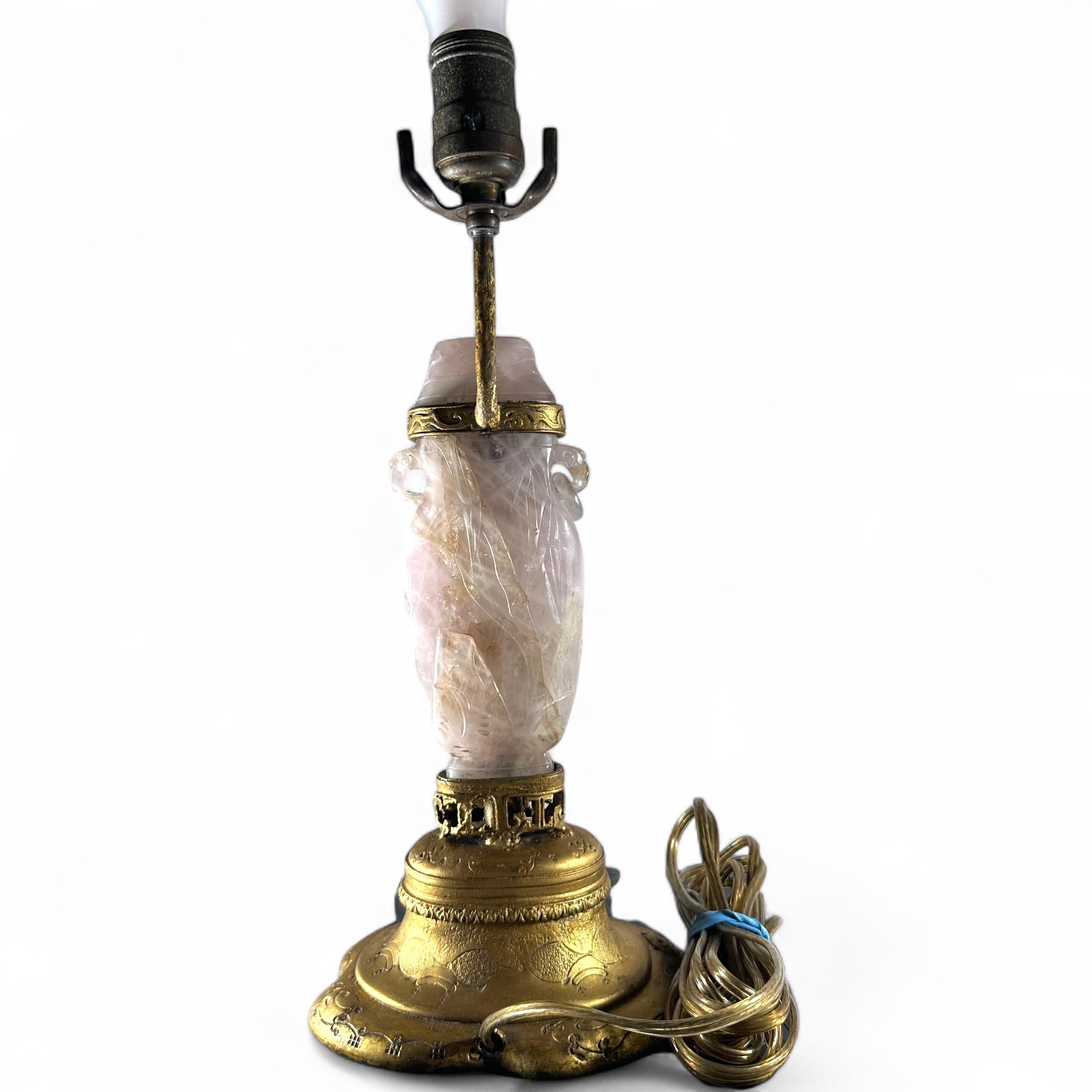Antique Chinese Carved Rose Quartz Table Lamp circa 1920 Gilt Mounting In Good Condition For Sale In Vero Beach, FL