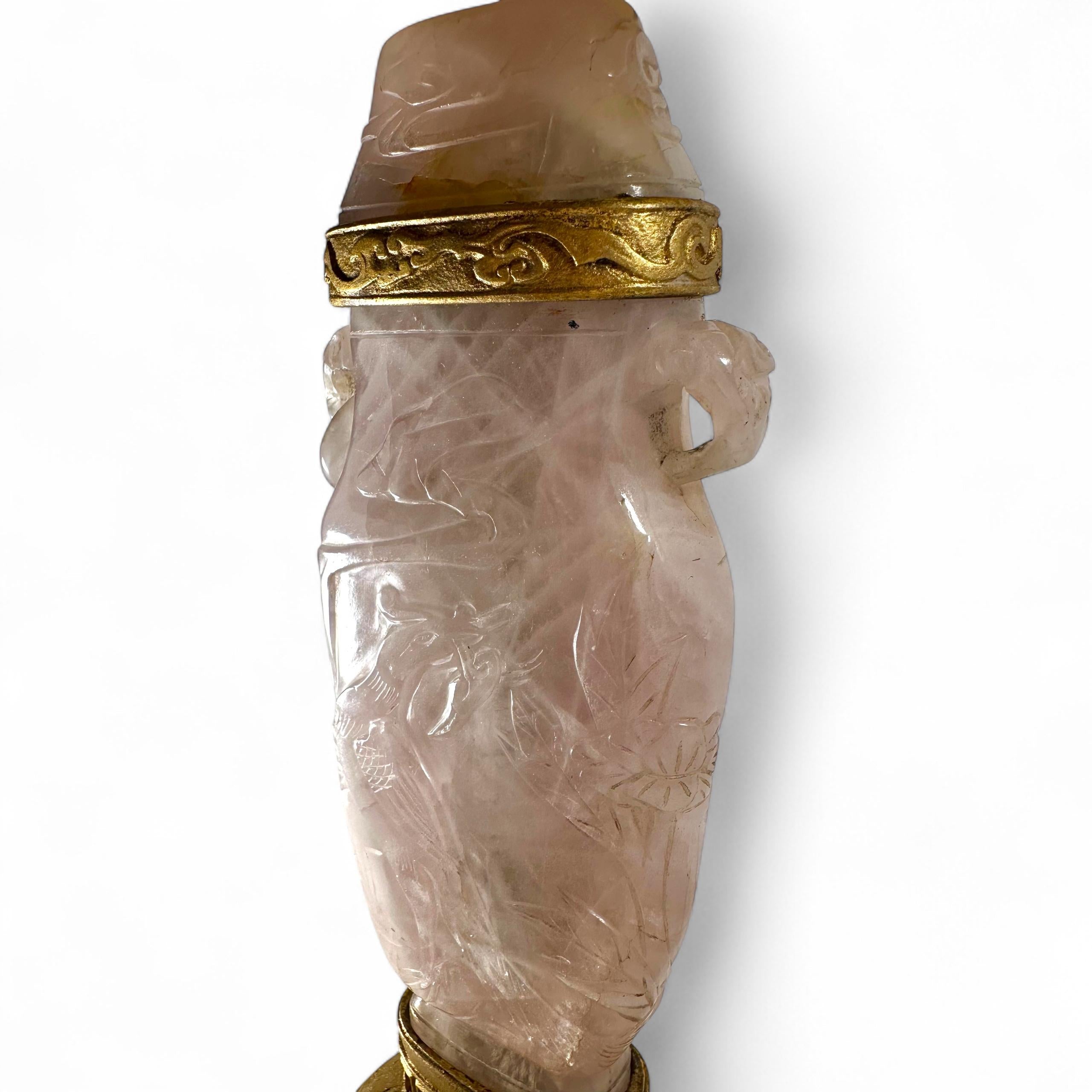 20th Century Antique Chinese Carved Rose Quartz Table Lamp circa 1920 Gilt Mounting For Sale