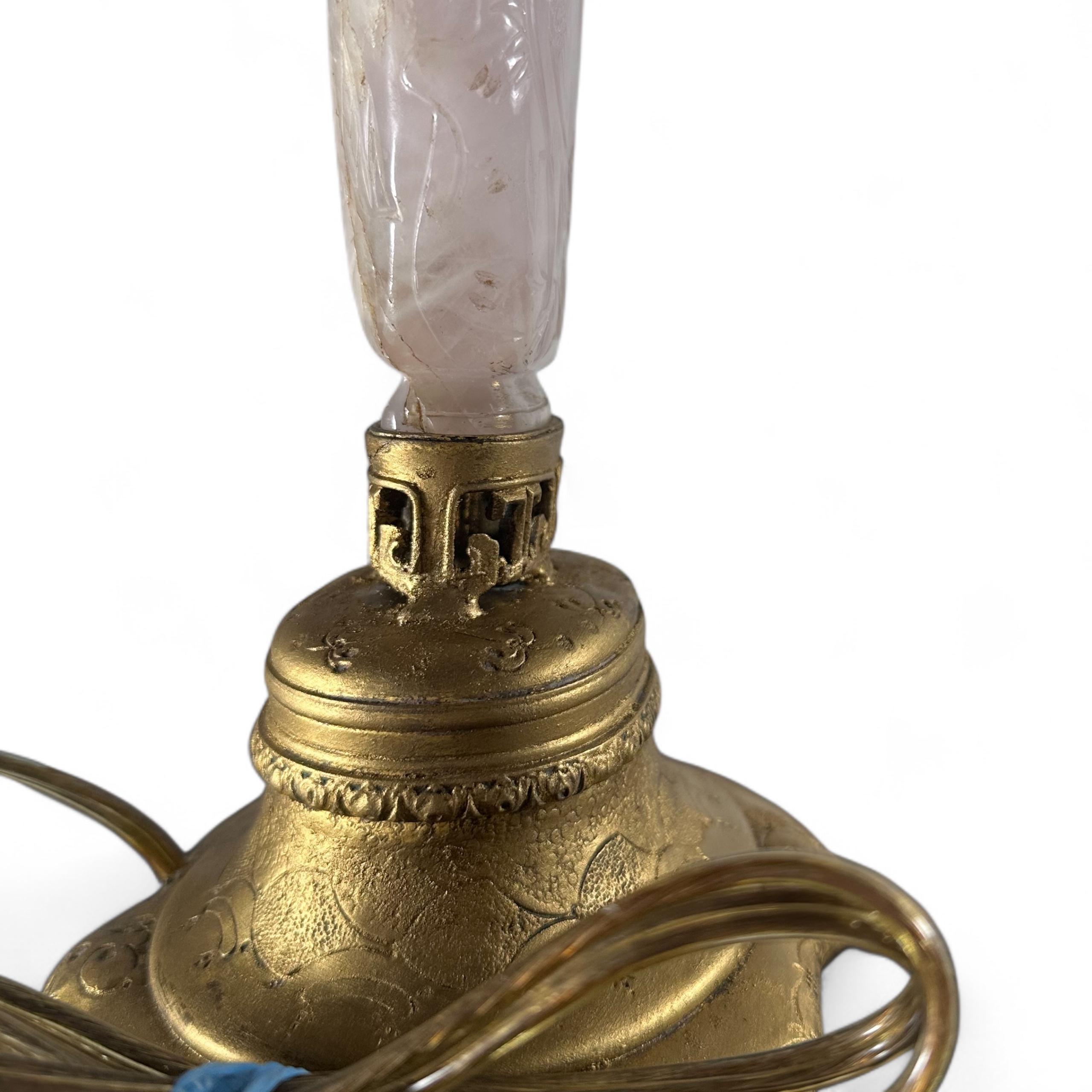 Metal Antique Chinese Carved Rose Quartz Table Lamp circa 1920 Gilt Mounting For Sale