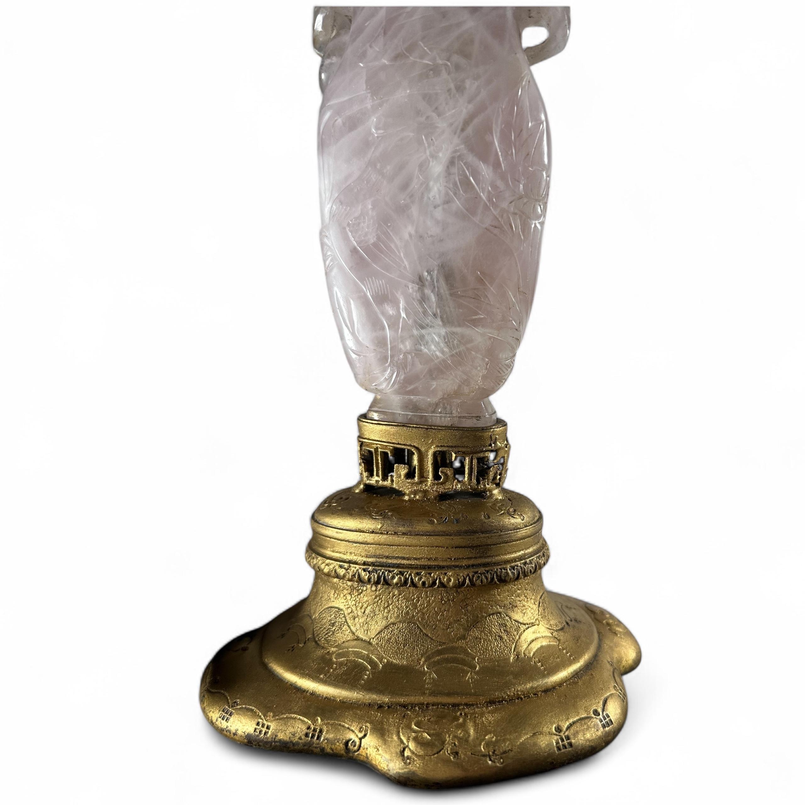 Antique Chinese Carved Rose Quartz Table Lamp circa 1920 Gilt Mounting For Sale 1