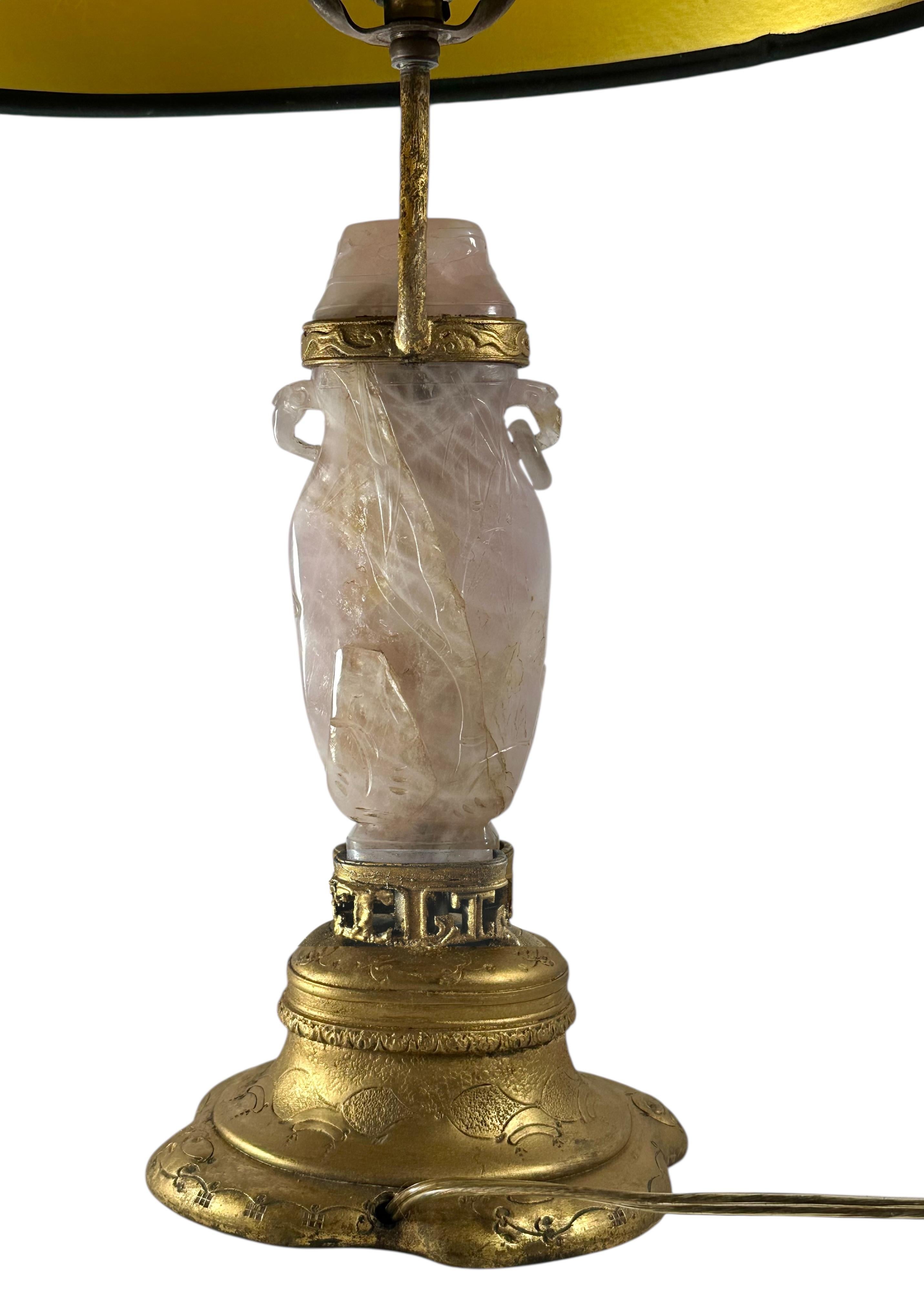 Antique Chinese Carved Rose Quartz Table Lamp circa 1920 Gilt Mounting For Sale 2