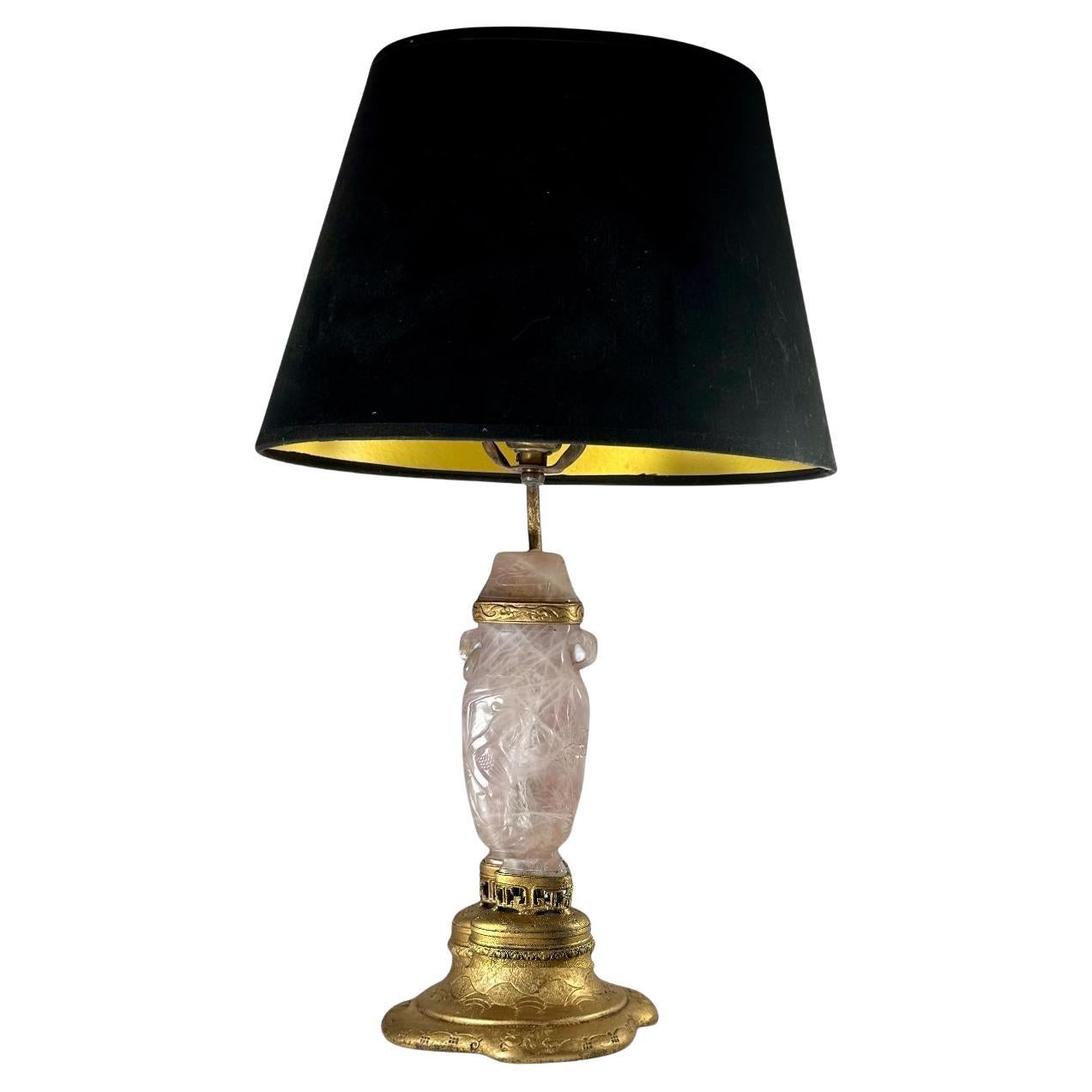 Antique Chinese Carved Rose Quartz Table Lamp circa 1920 Gilt Mounting For Sale