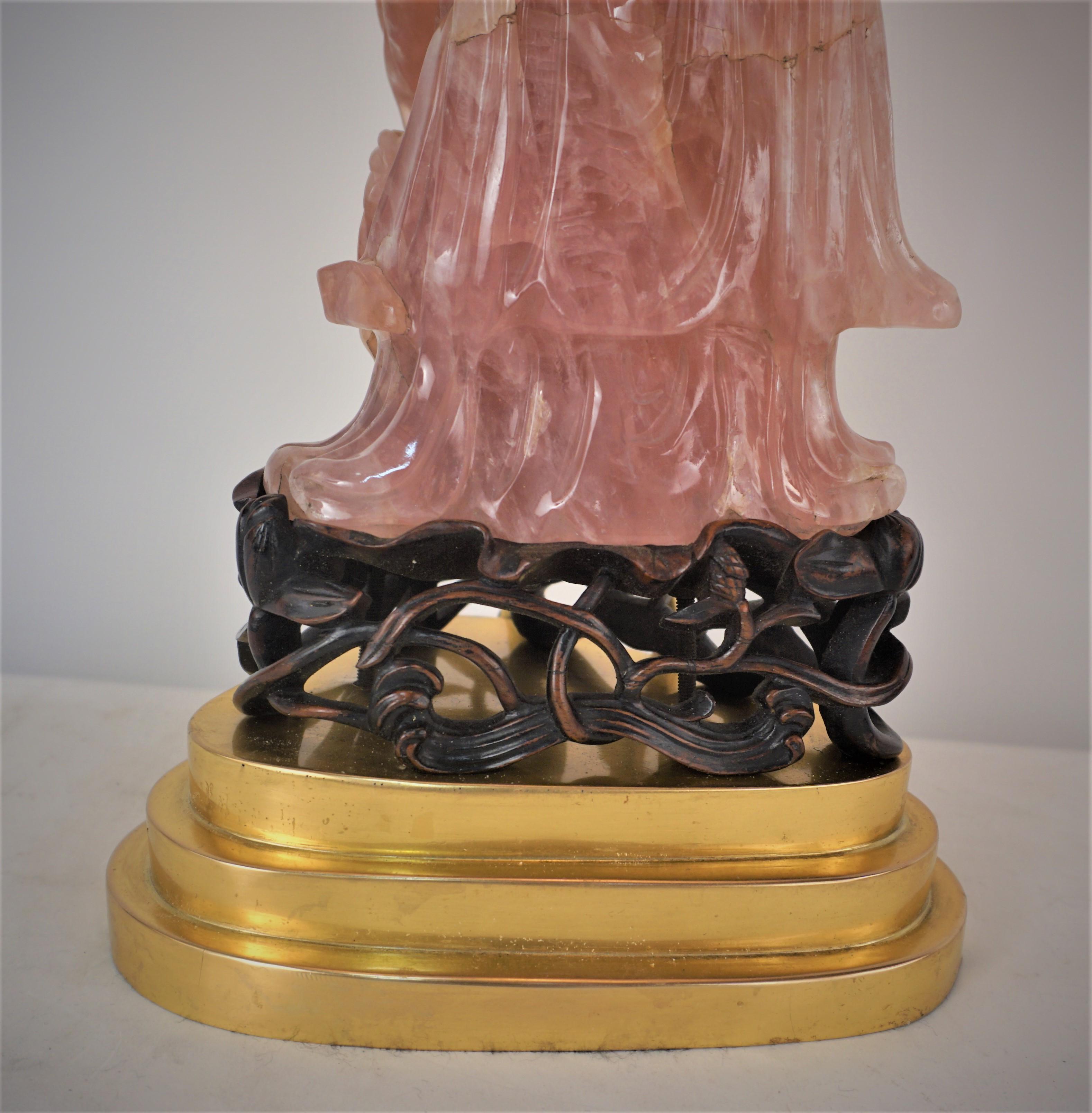 Antique Chinese Carved Rose Quartz Table Lamp In Good Condition In Fairfax, VA