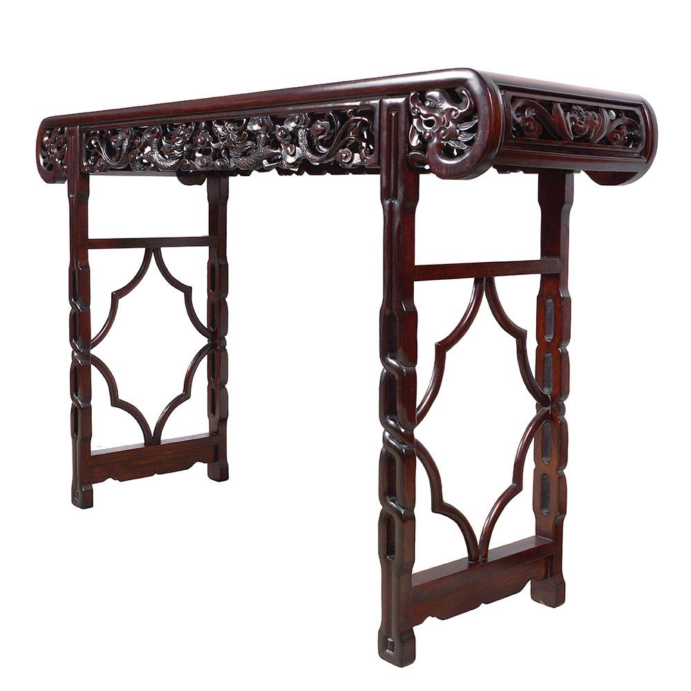 Size: 40 1/2in H x 61in W x 18in D
Origin: China
Circa: 1900-1940
Material: Rosewood
Condition: Original finish, solid wood construction, hand carved, sturdy, normal age wear.

Description: Take look at this Antique Carved Altar table from