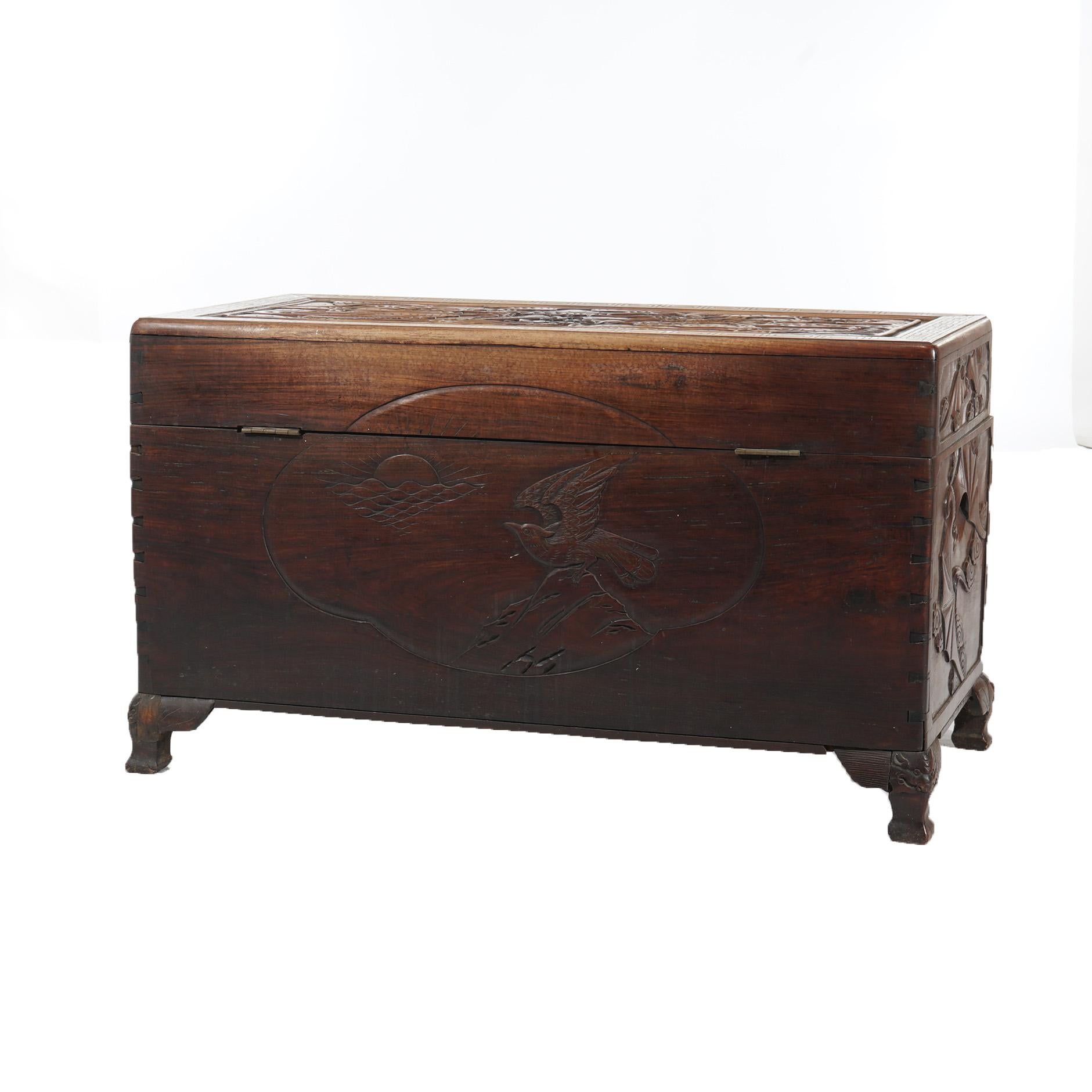 Antique Chinese Carved Rosewood Blanket Chest with Dragon Scene in  Relief 19thC For Sale 5
