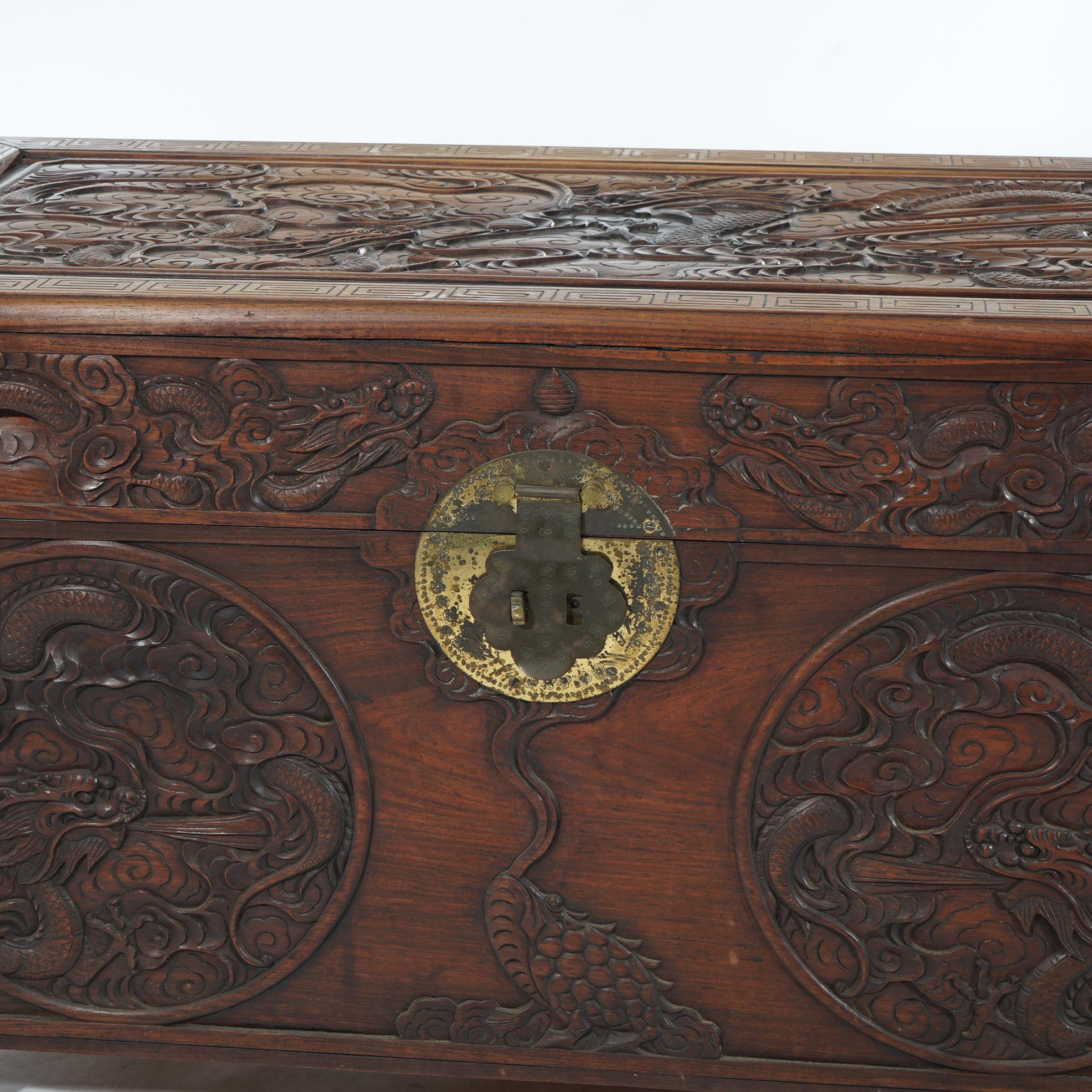 Antique Chinese Carved Rosewood Blanket Chest with Dragon Scene in  Relief 19thC For Sale 6