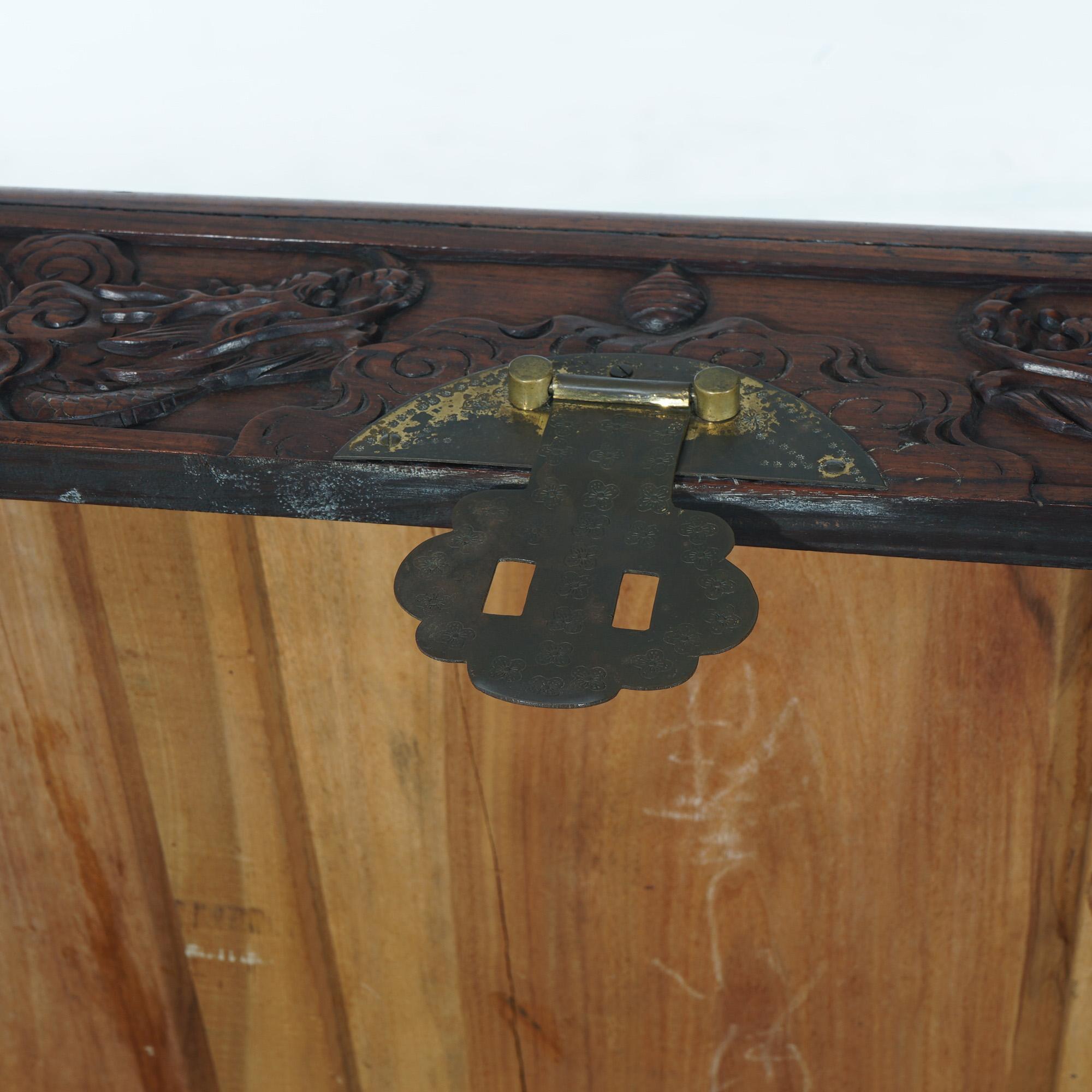 Antique Chinese Carved Rosewood Blanket Chest with Dragon Scene in  Relief 19thC For Sale 7