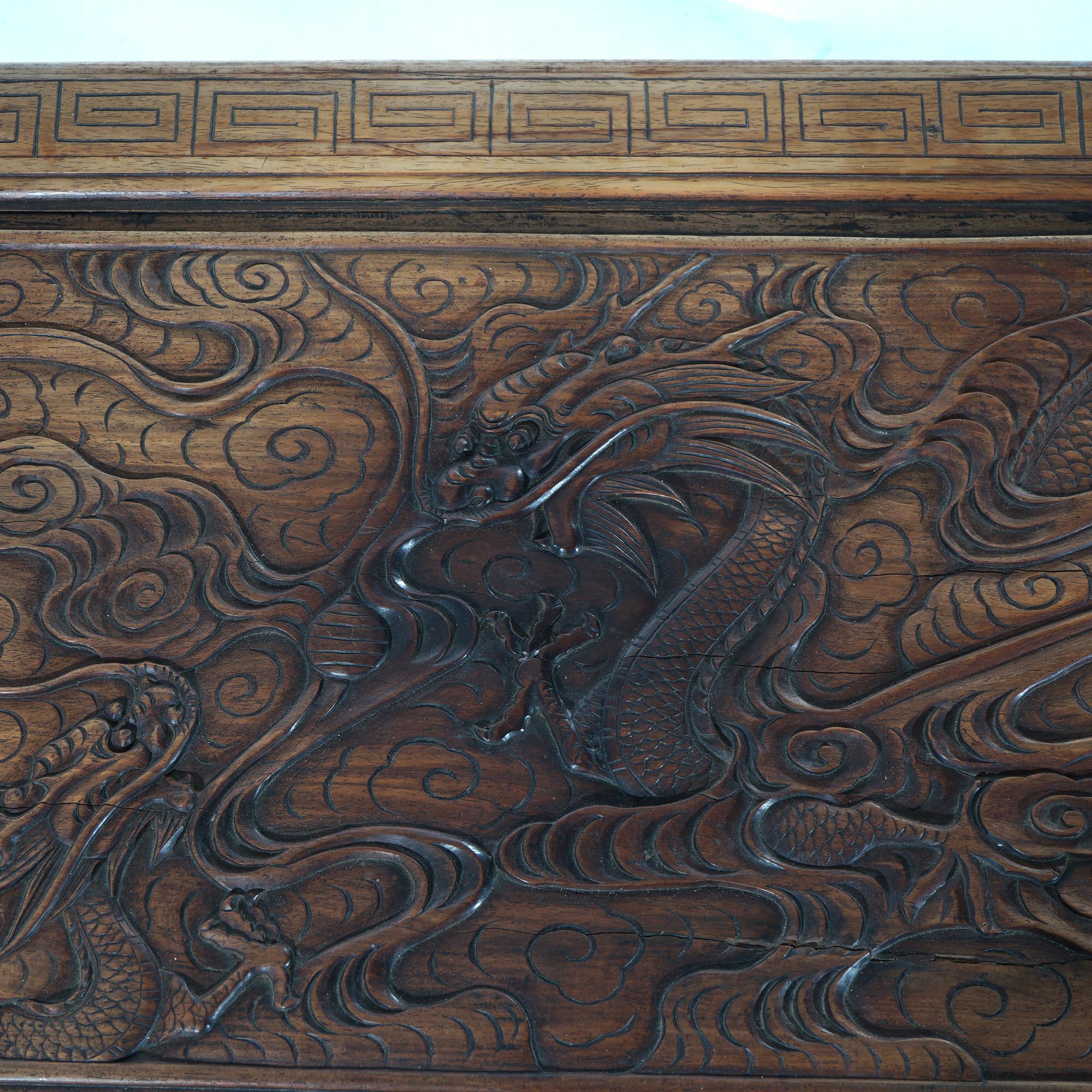 Antique Chinese Carved Rosewood Blanket Chest with Dragon Scene in  Relief 19thC For Sale 10