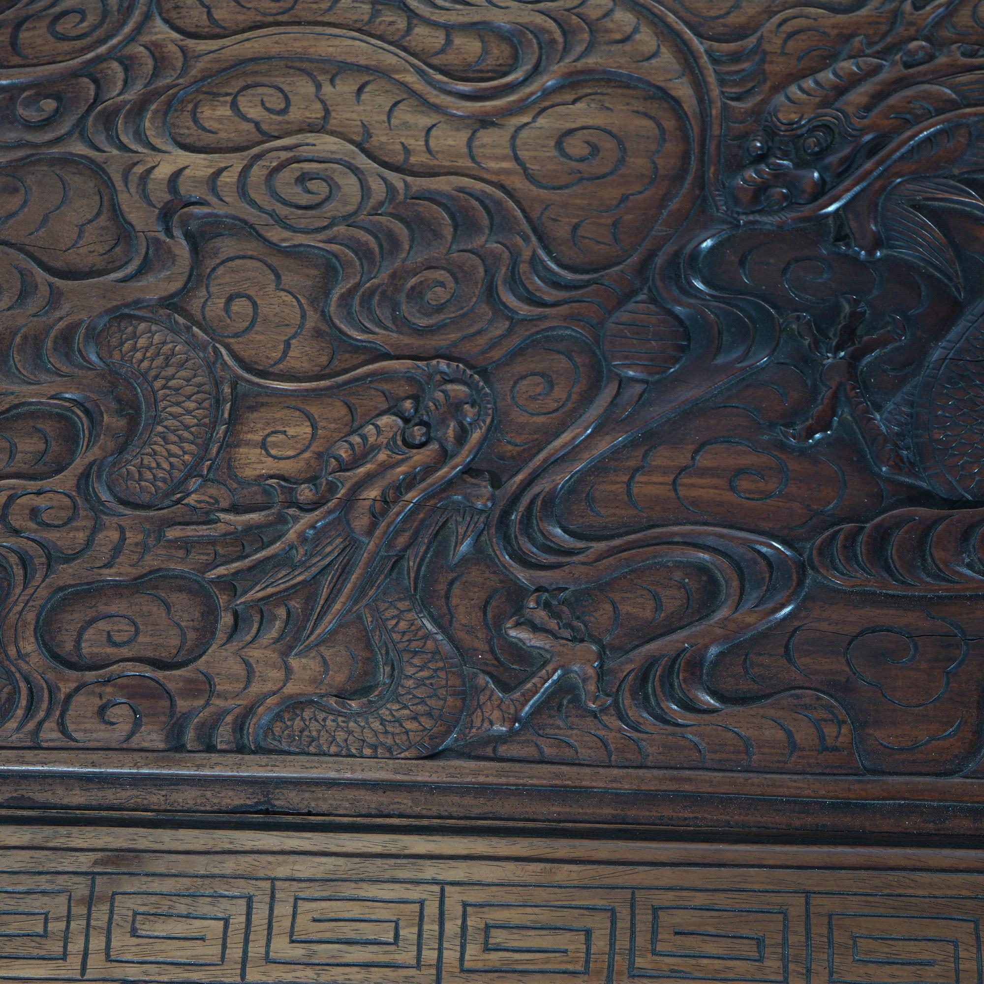 Antique Chinese Carved Rosewood Blanket Chest with Dragon Scene in  Relief 19thC For Sale 11