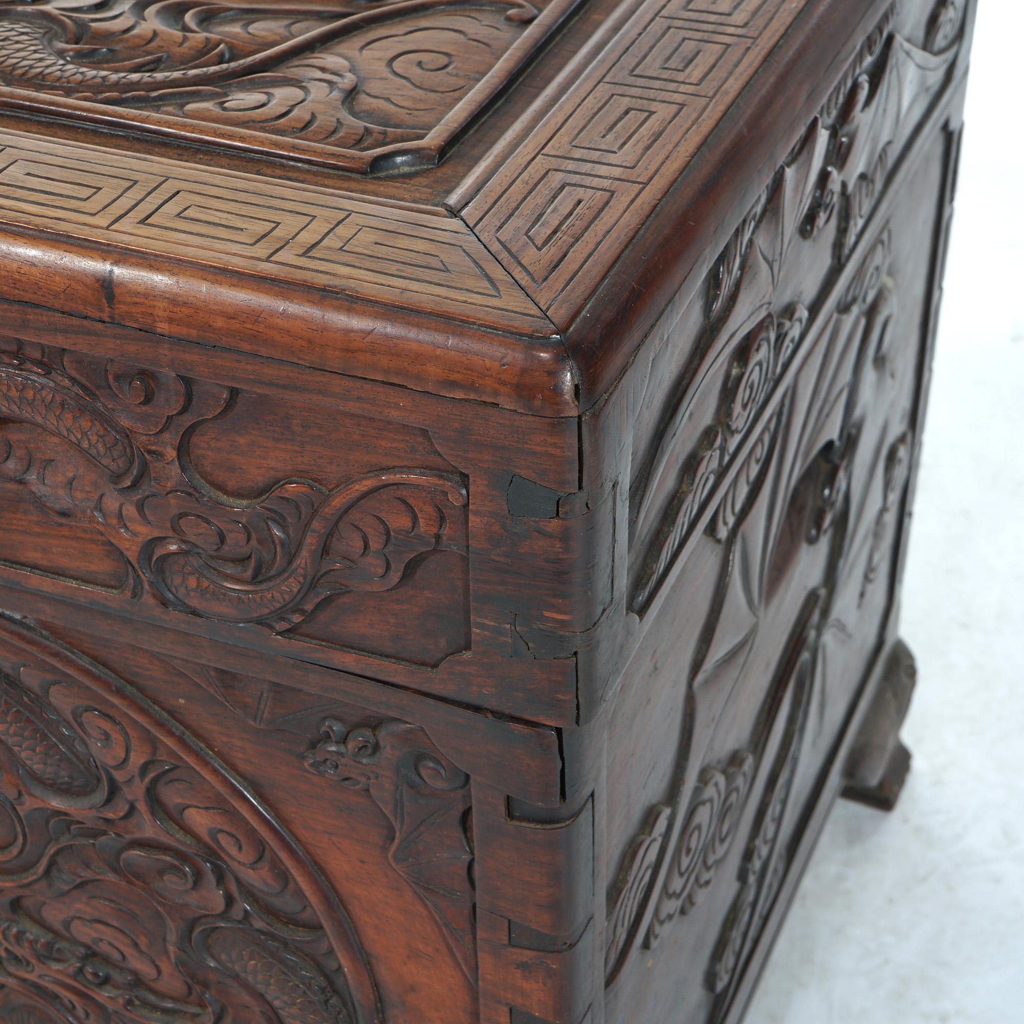 Antique Chinese Carved Rosewood Blanket Chest with Dragon Scene in  Relief 19thC For Sale 12