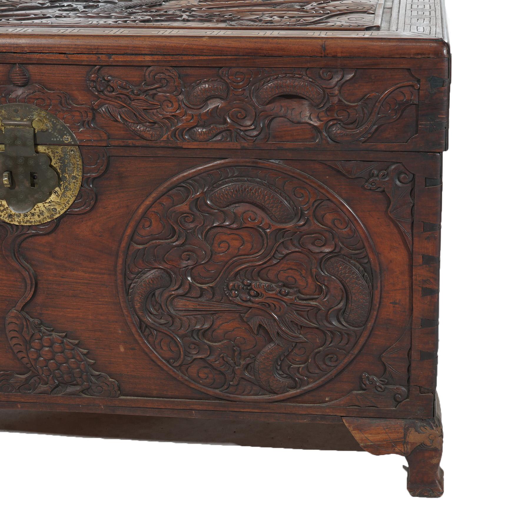 Asian Antique Chinese Carved Rosewood Blanket Chest with Dragon Scene in  Relief 19thC For Sale