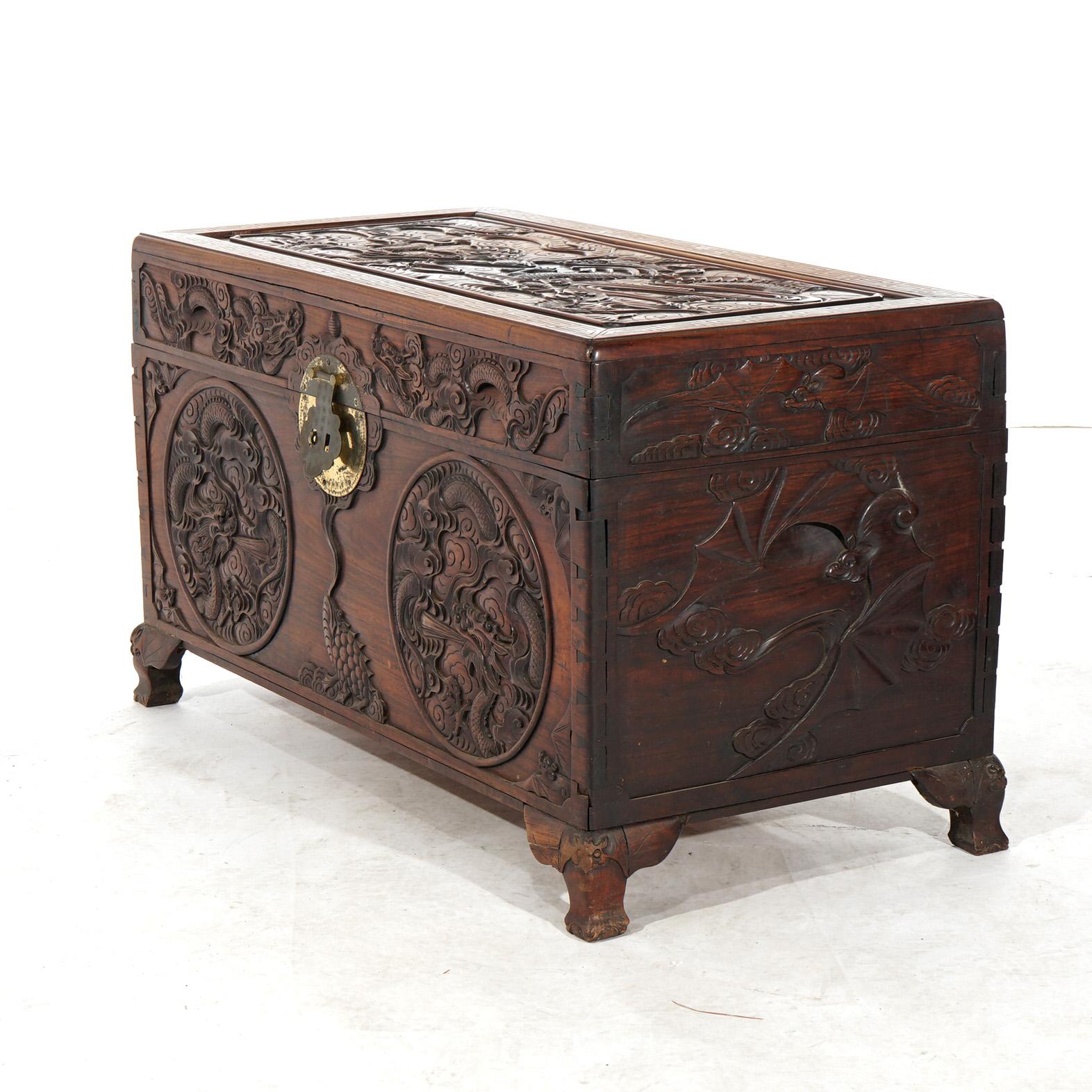 Antique Chinese Carved Rosewood Blanket Chest with Dragon Scene in  Relief 19thC In Good Condition For Sale In Big Flats, NY