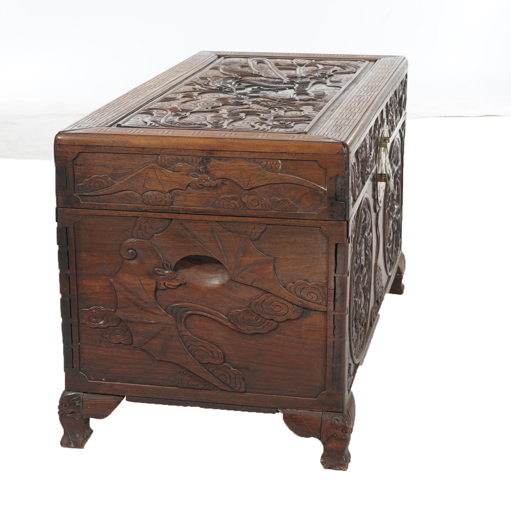 19th Century Antique Chinese Carved Rosewood Blanket Chest with Dragon Scene in  Relief 19thC For Sale