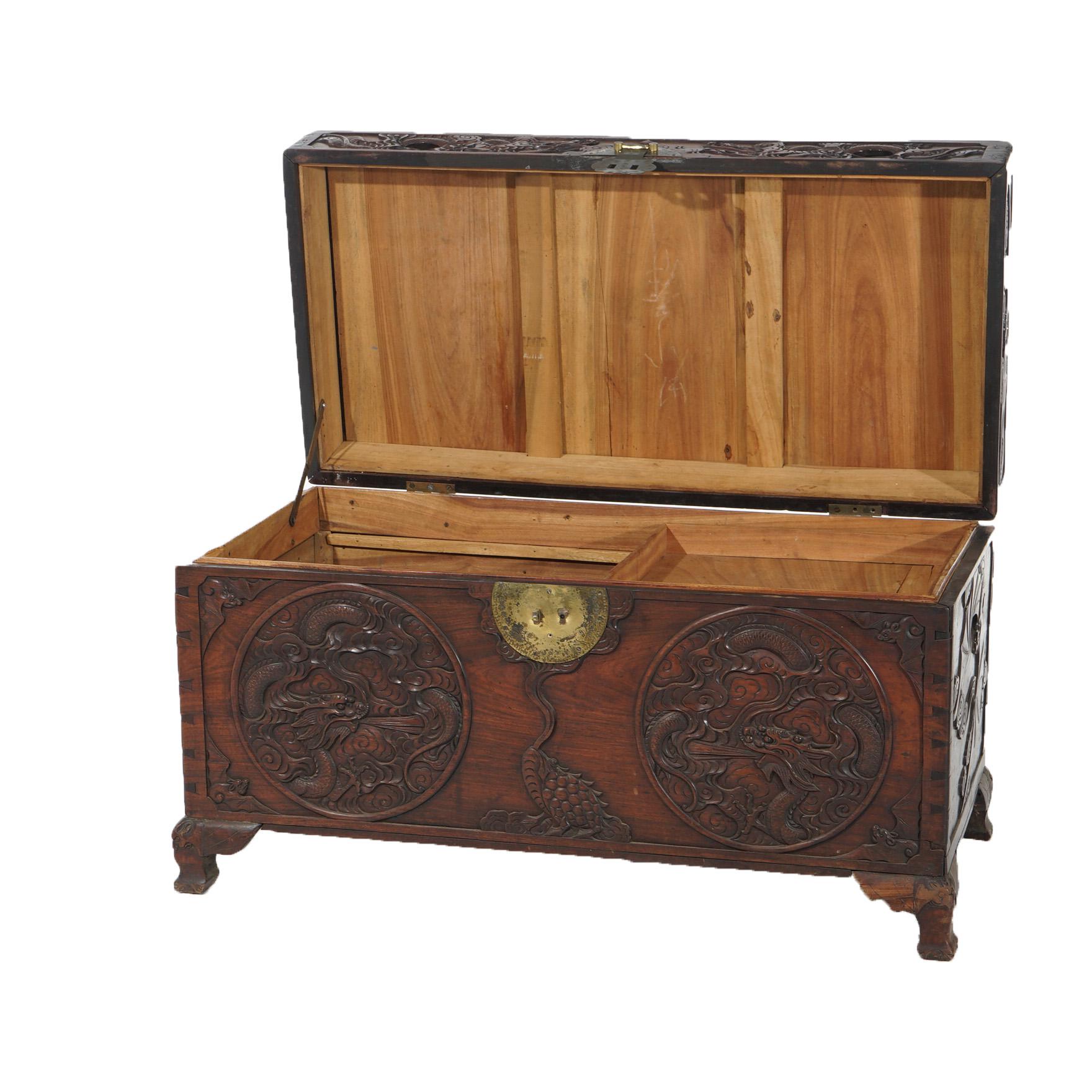 Antique Chinese Carved Rosewood Blanket Chest with Dragon Scene in  Relief 19thC For Sale 2