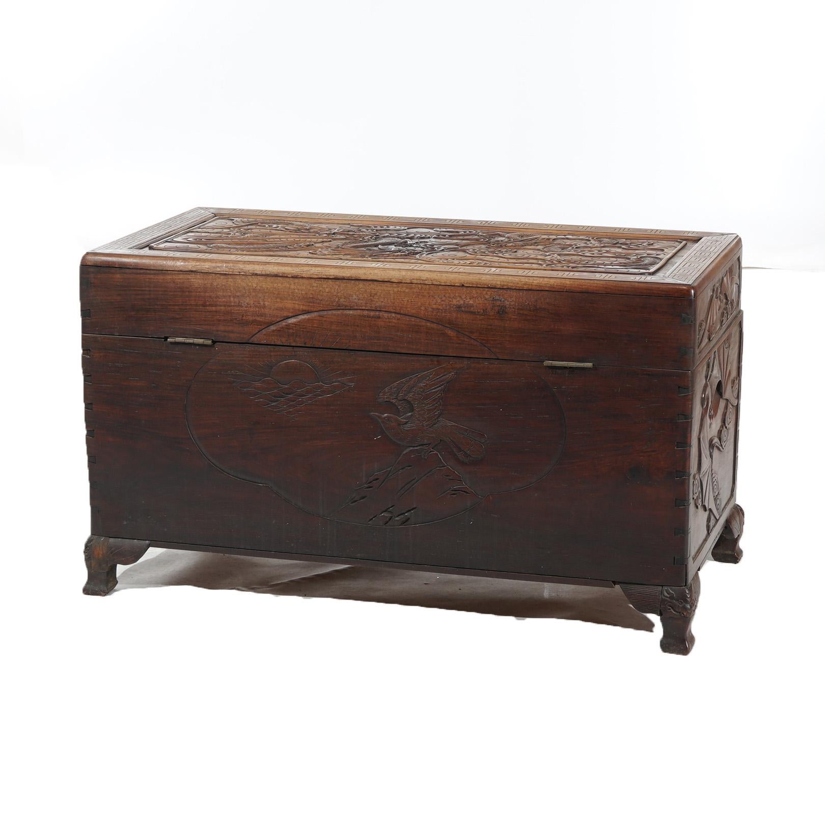 Antique Chinese Carved Rosewood Blanket Chest with Dragon Scene in  Relief 19thC For Sale 4