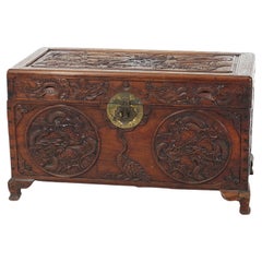 Antique Chinese Carved Rosewood Blanket Chest with Dragon Scene in  Relief 19thC