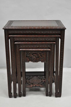 Antique Chinese Carved Rosewood Figural Nesting Side Tables w/ Drawer - 4 Pcs