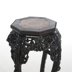 Antike chinesische geschnitzt Palisander & Inset Rouge Marmor Pflanze Stand C1900