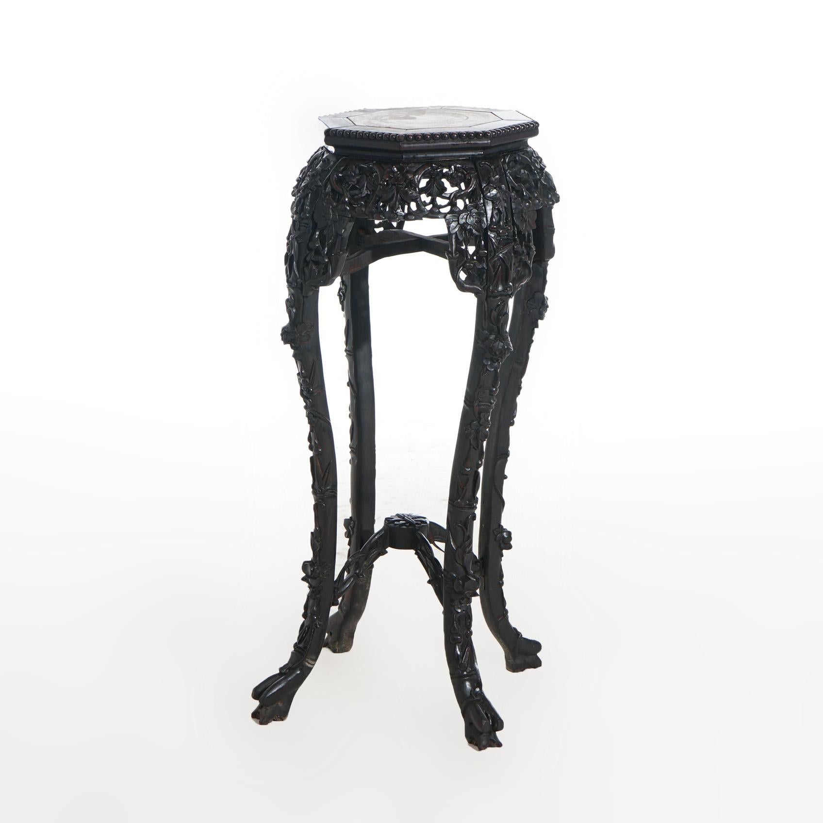 Antique Chinese Carved Rosewood & Inset Rouge Marble Plant Stand C1900 In Good Condition In Big Flats, NY