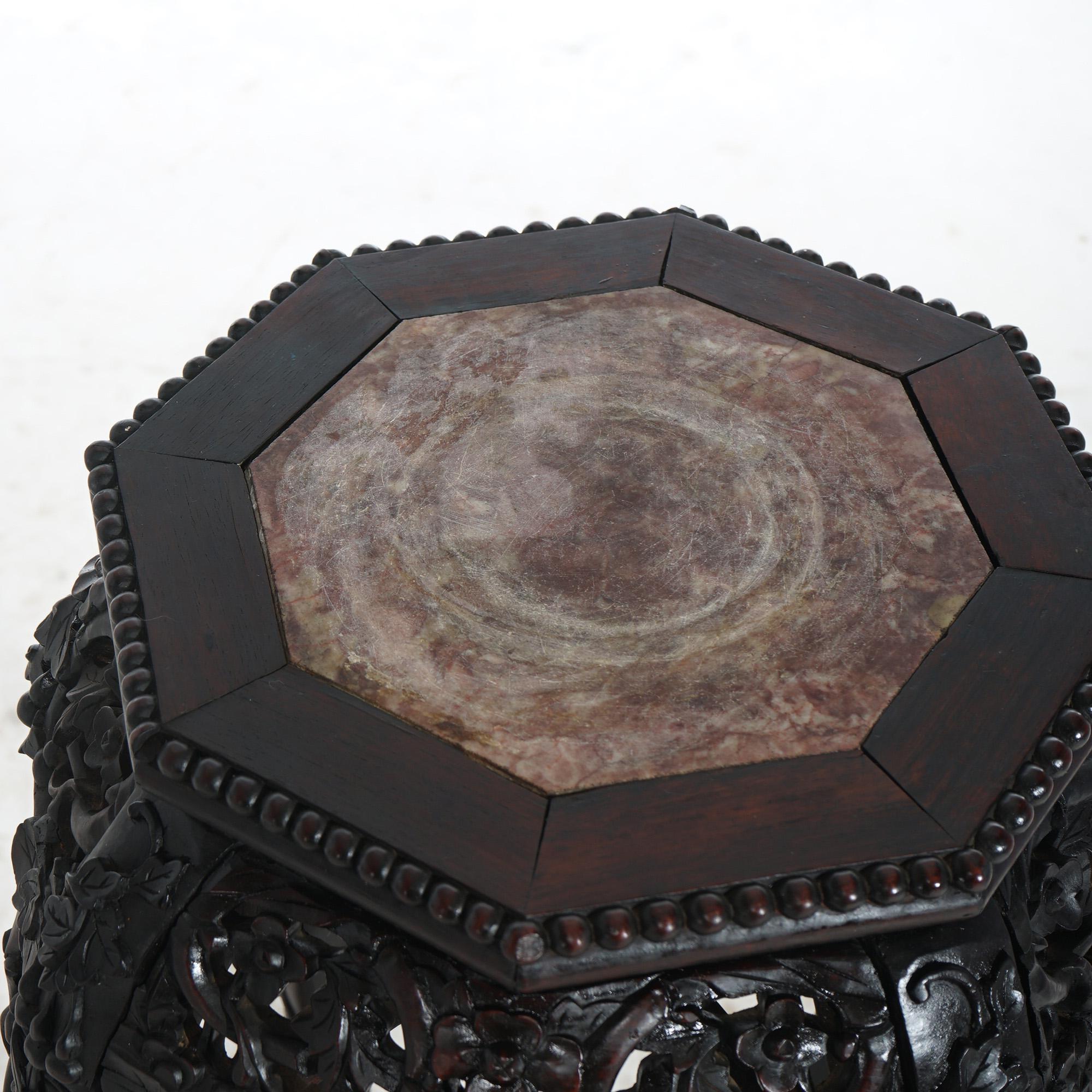 20th Century Antique Chinese Carved Rosewood & Inset Rouge Marble Plant Stand C1900