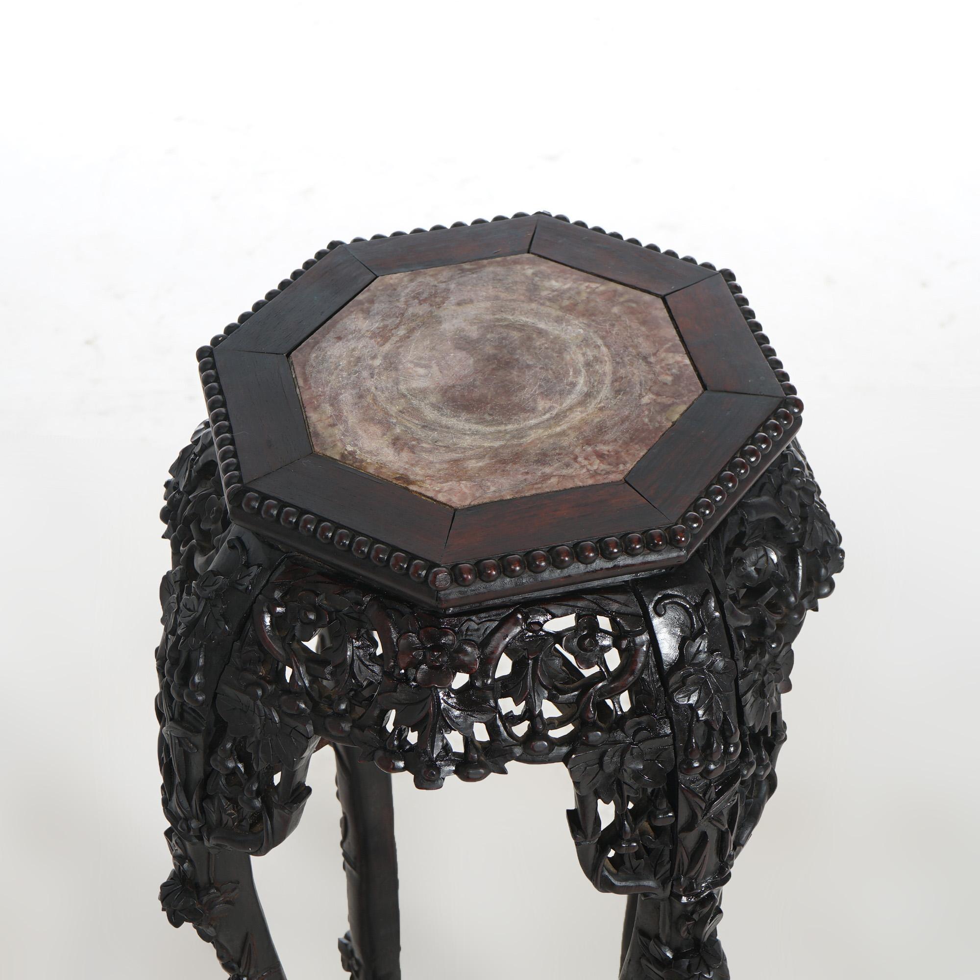 Antique Chinese Carved Rosewood & Inset Rouge Marble Plant Stand C1900 1