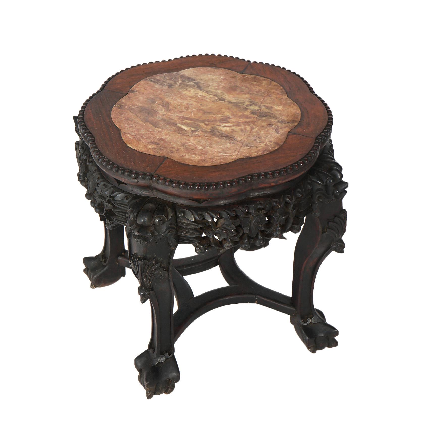 Antique Chinese Carved Rosewood Low Table with Inset Rouge Marble Top & Paw Feet C1890

Measures - 18