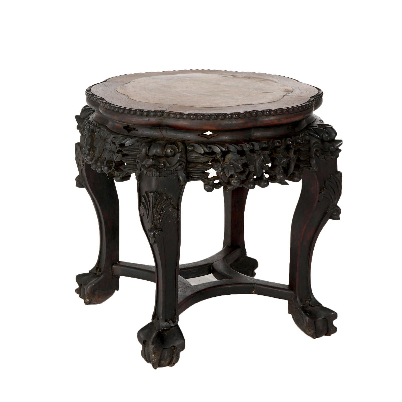 Antique Chinese Carved Rosewood Low Table with Inset Rouge Marble Top C1890 In Good Condition In Big Flats, NY