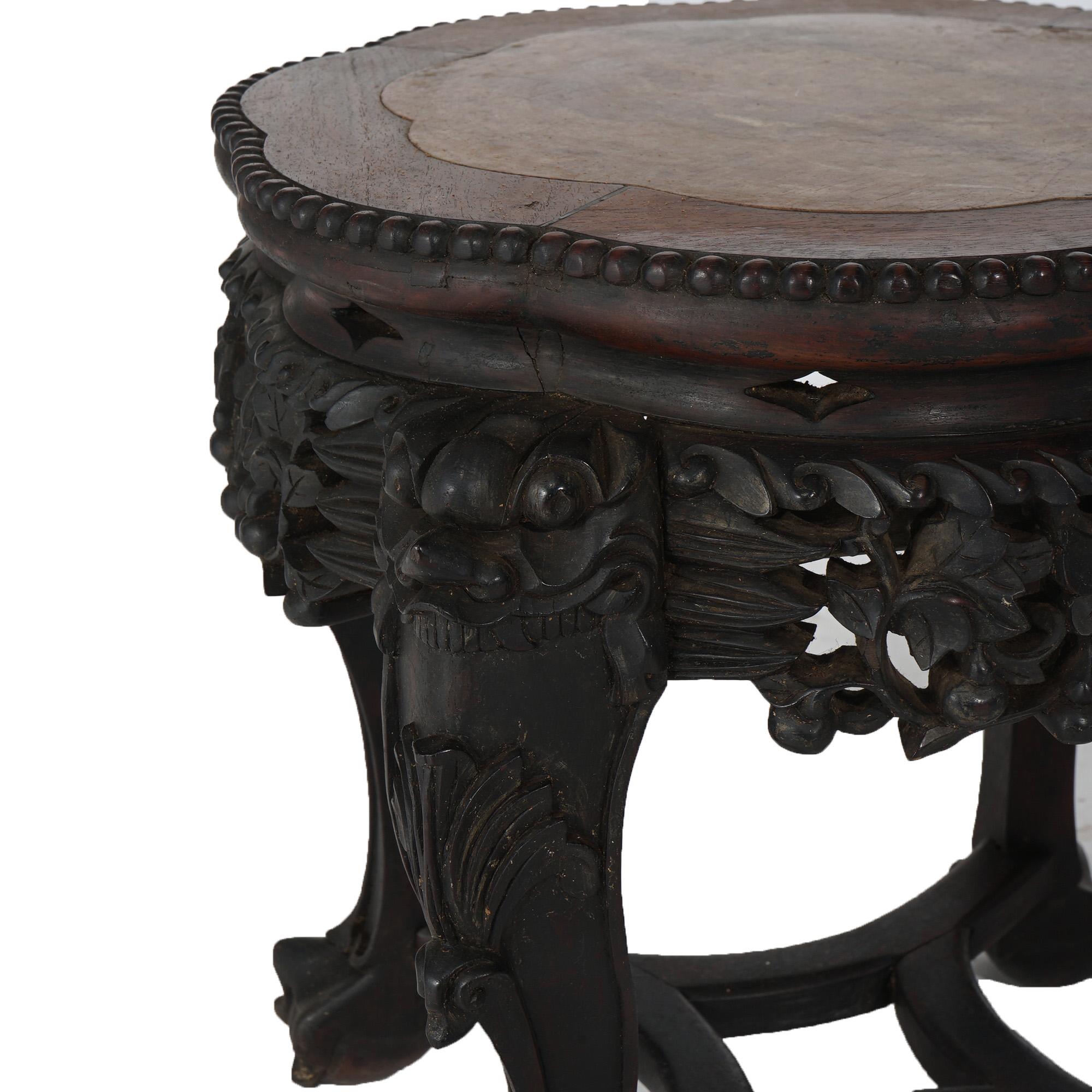 19th Century Antique Chinese Carved Rosewood Low Table with Inset Rouge Marble Top C1890