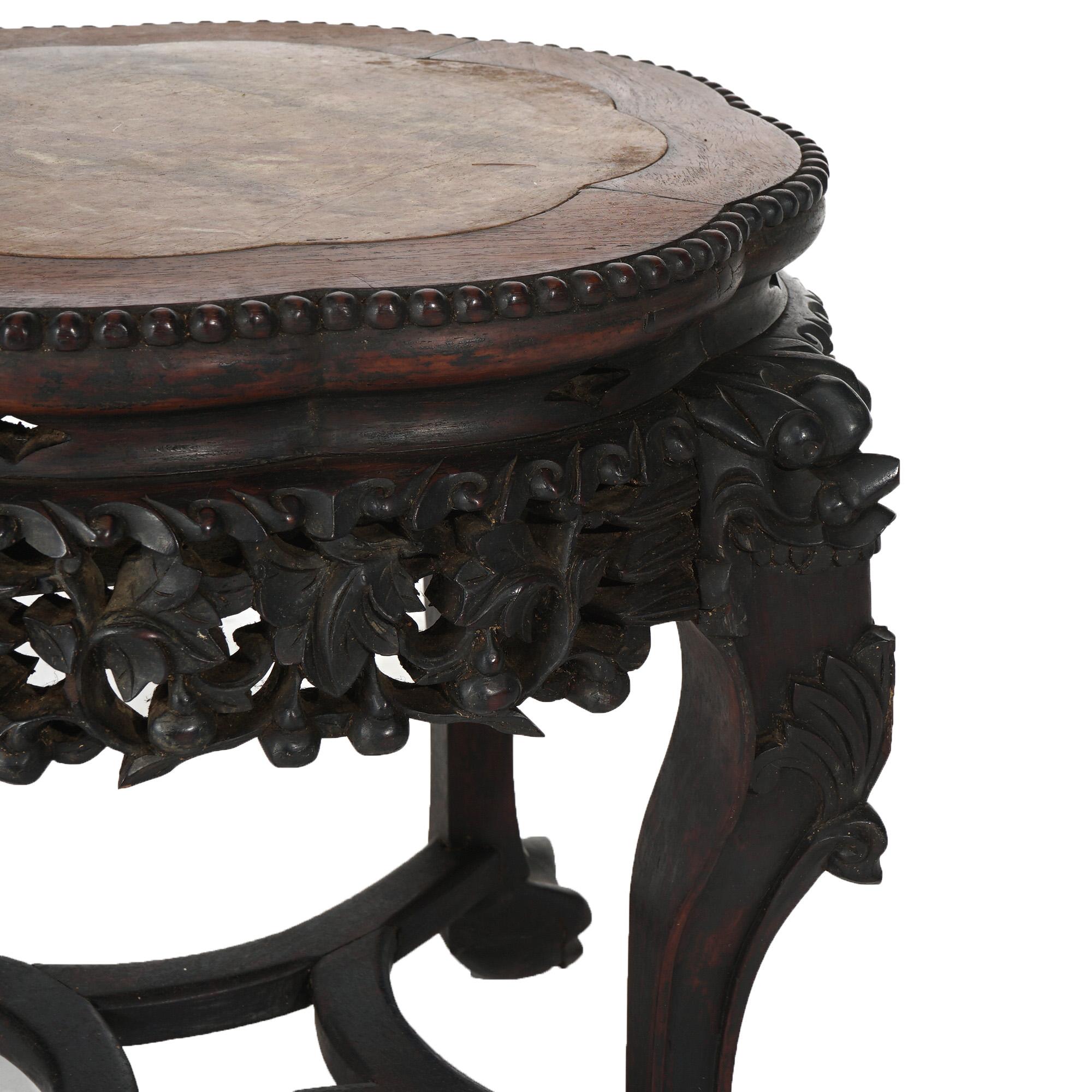 Antique Chinese Carved Rosewood Low Table with Inset Rouge Marble Top C1890 1