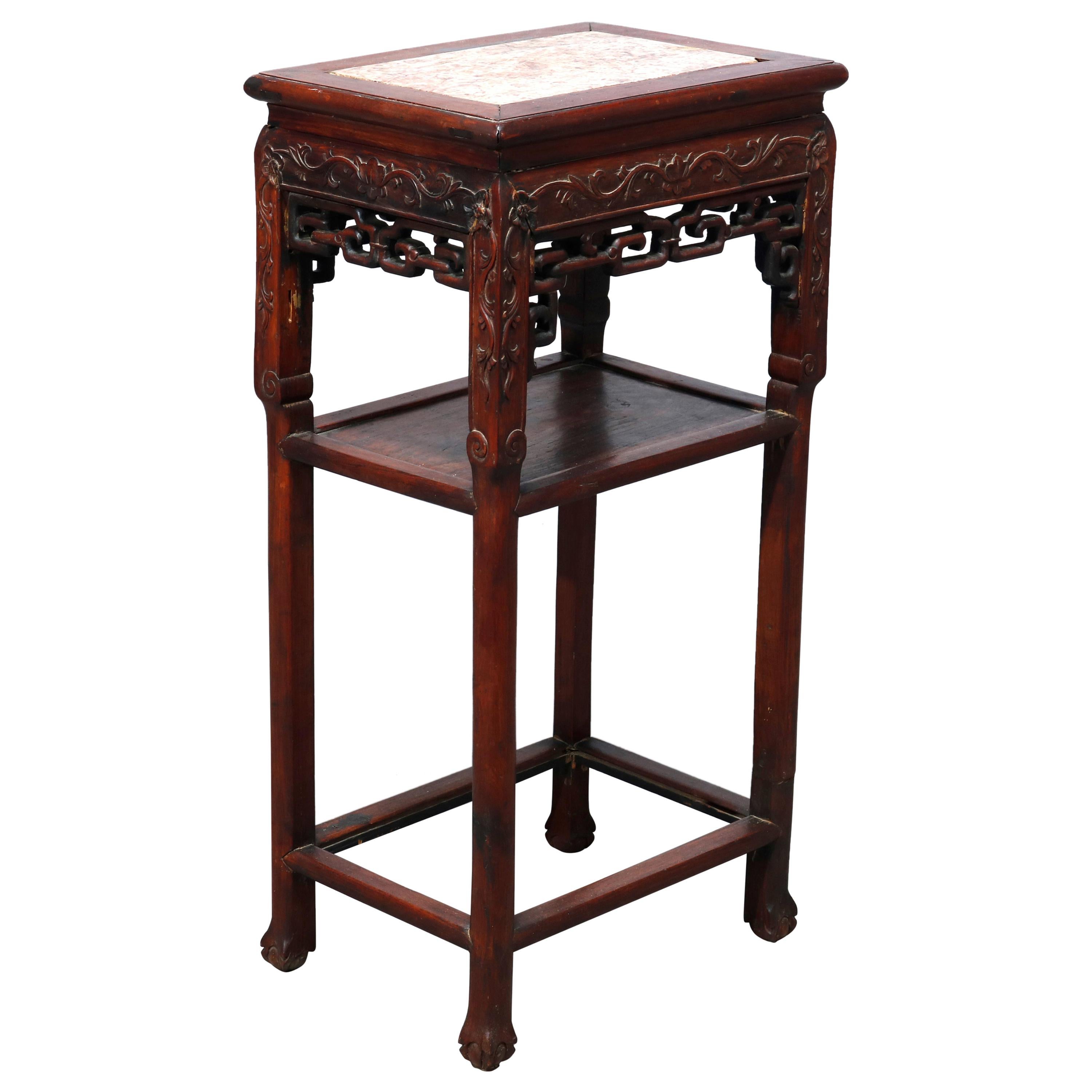 Antique Chinese Carved Rosewood & Marble Plant Stand, 19th Century