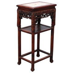 Ancien porte-plante chinois sculpté en bois de rose & en marbre:: 19ème siècle