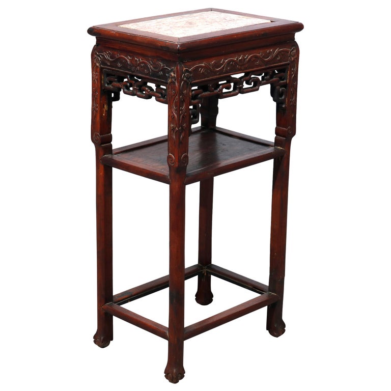 Antique Chinese Carved Rosewood and Marble Plant Stand, 19th Century at