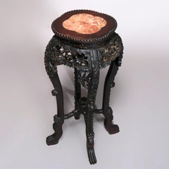 Antique Chinese Carved Rosewood Marble-Top Display Stand, circa 1900