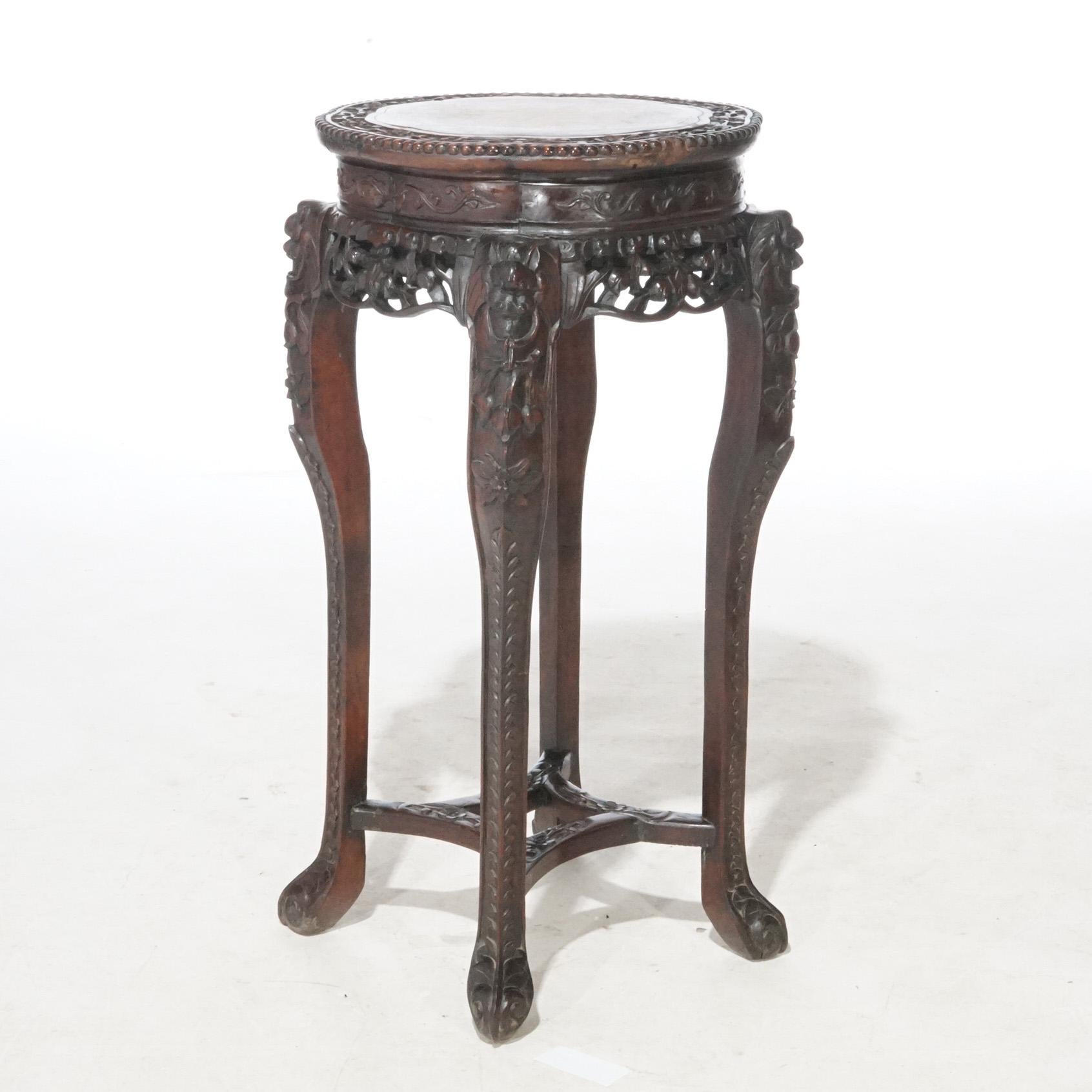 Antique Chinese Carved Rosewood Marble Top Fern Stand, circa 1920 5