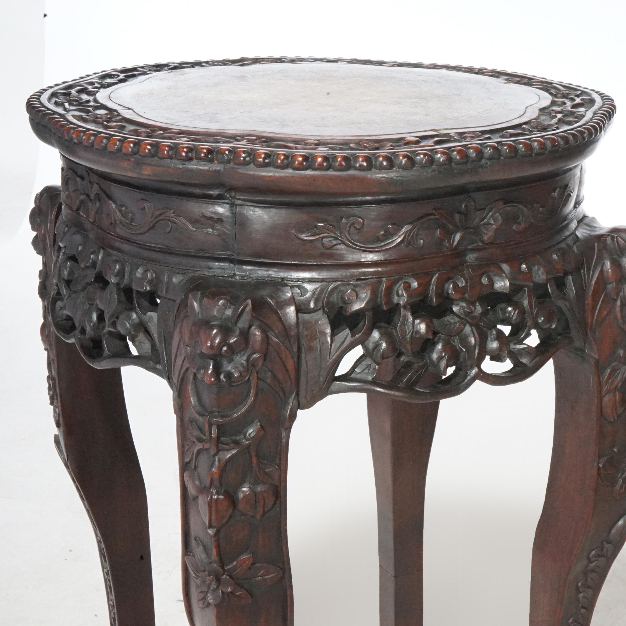 Antique Chinese Carved Rosewood Marble Top Fern Stand, circa 1920 In Good Condition In Big Flats, NY