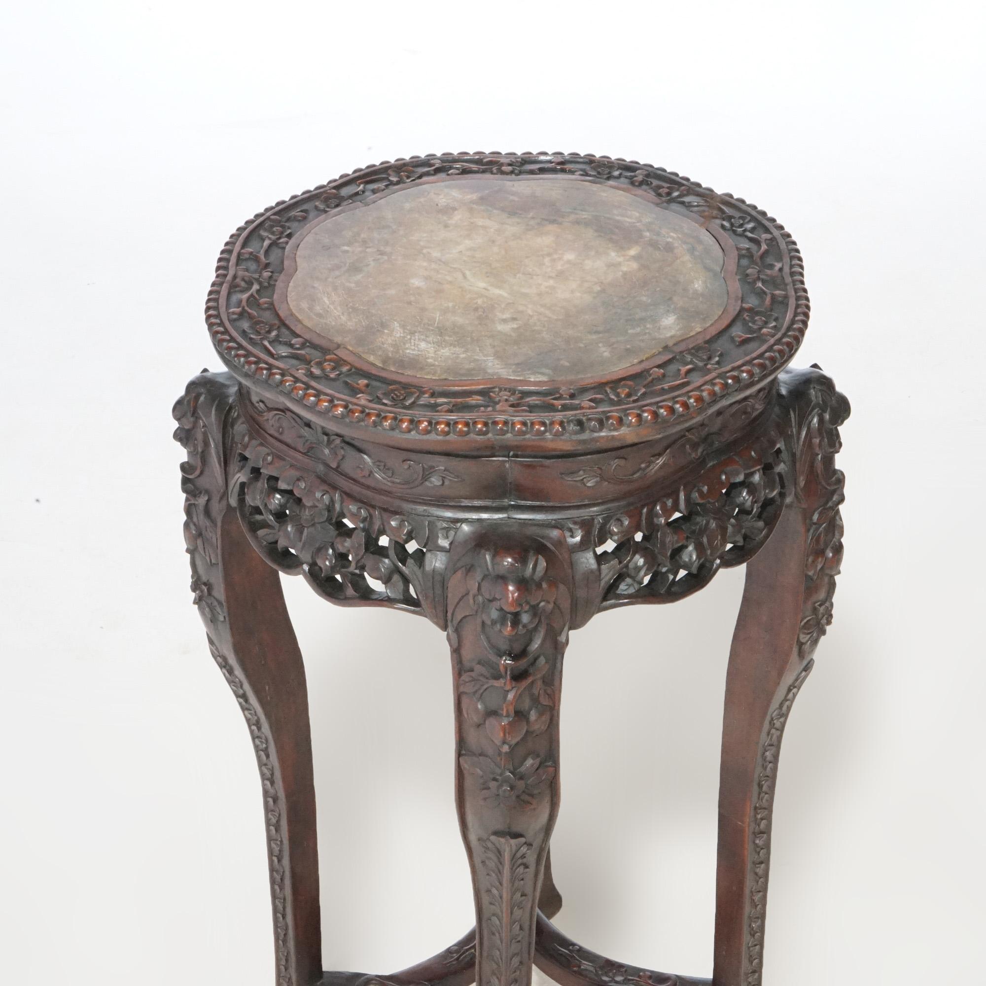 Antique Chinese Carved Rosewood Marble Top Fern Stand, circa 1920 1