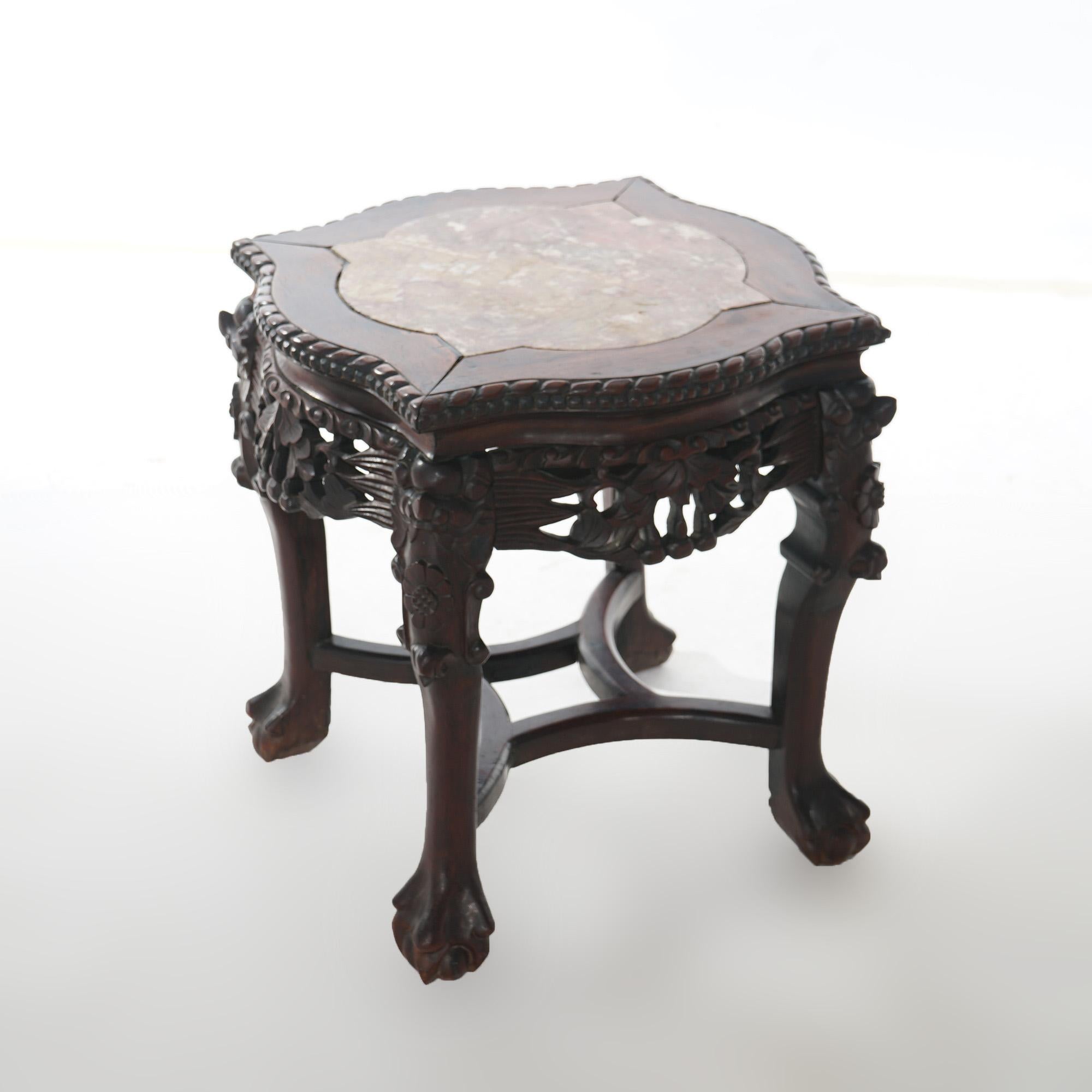 Antiker chinesischer niedriger Tisch aus geschnitztem Rosenholz mit Marmorplatte, um 1890 im Angebot 2