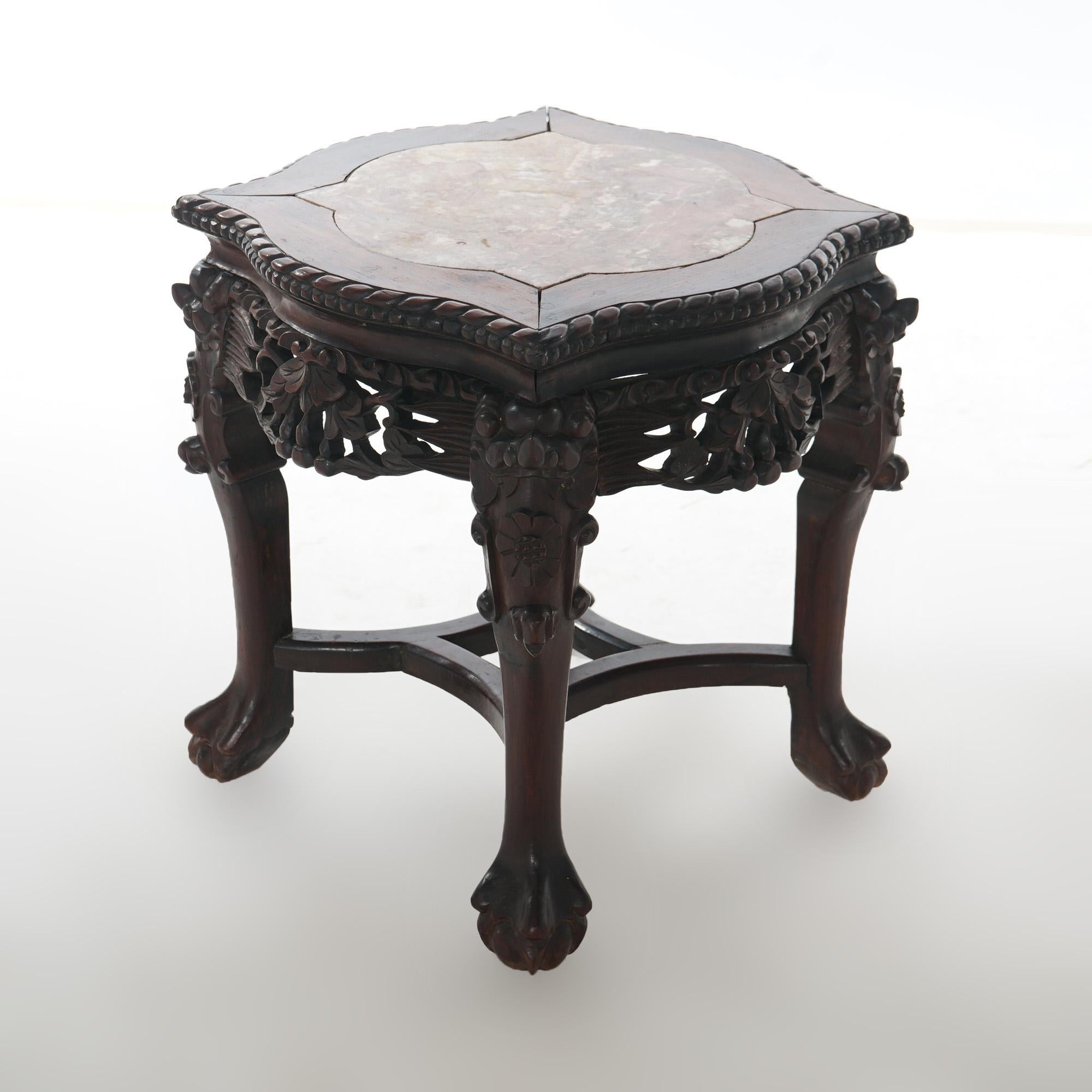 Antiker chinesischer niedriger Tisch aus geschnitztem Rosenholz mit Marmorplatte, um 1890 im Angebot 3