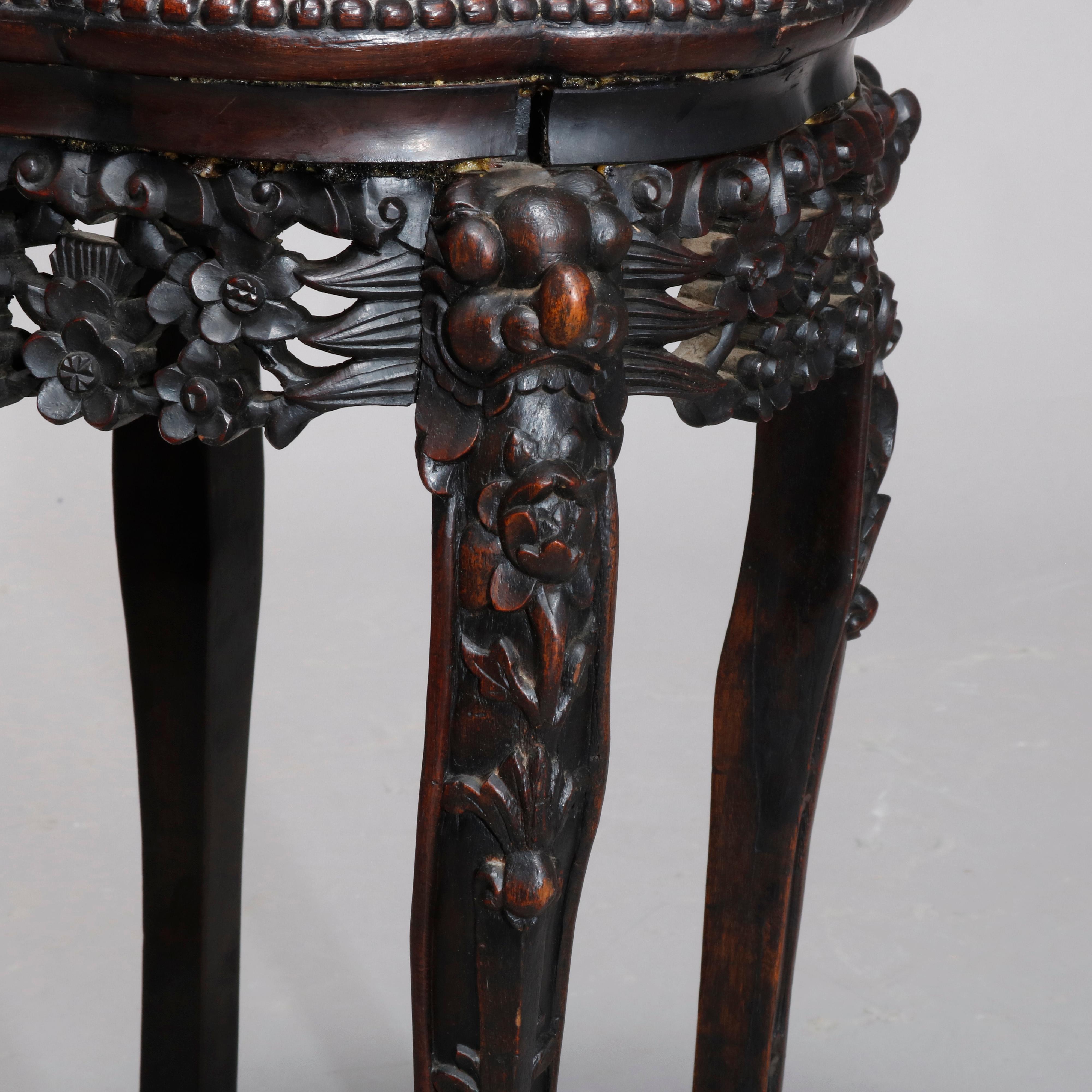 Antique Chinese Carved Rosewood Marble-Top Plant Stand, circa 1900 In Good Condition In Big Flats, NY