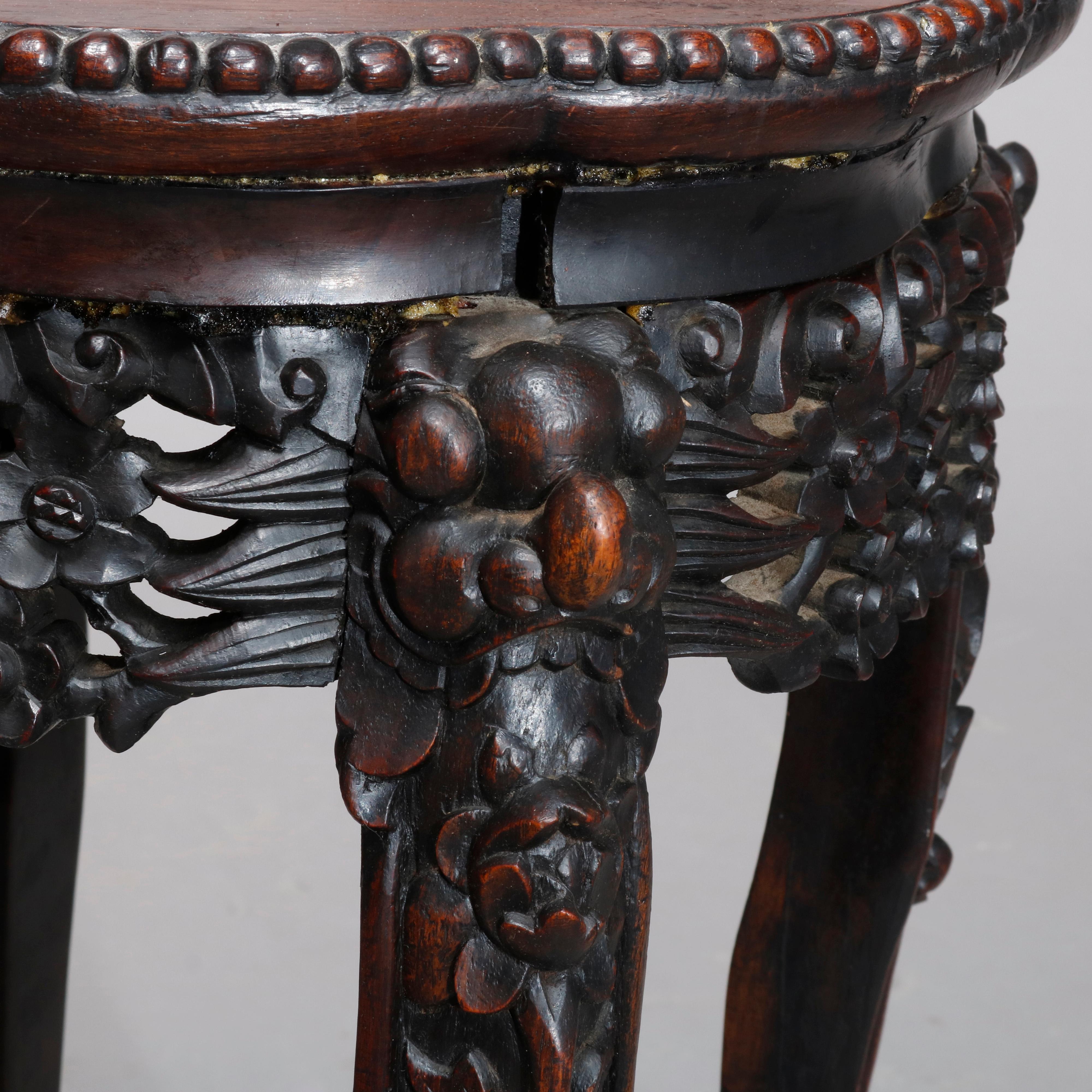 20th Century Antique Chinese Carved Rosewood Marble-Top Plant Stand, circa 1900