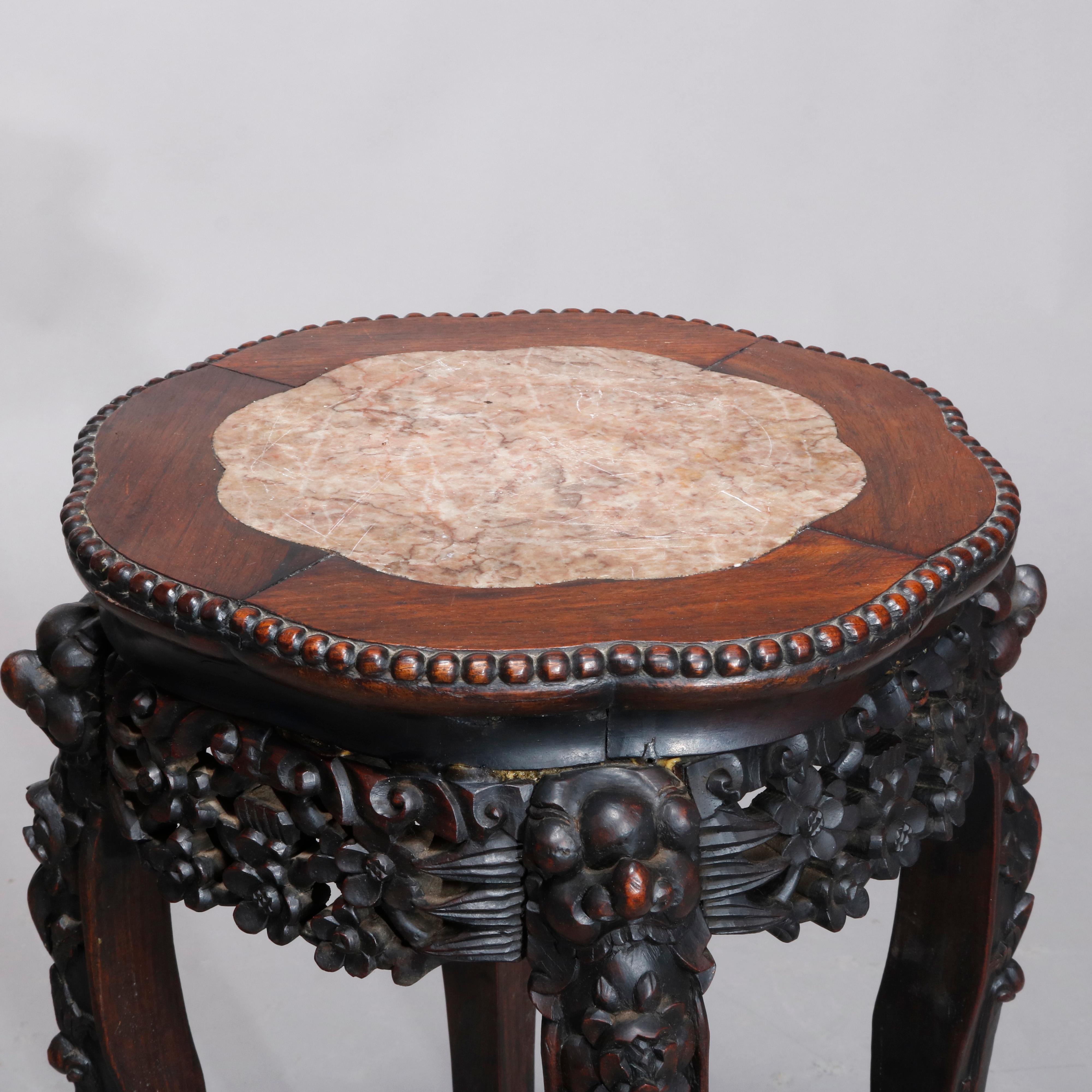 Antique Chinese Carved Rosewood Marble-Top Plant Stand, circa 1900 1